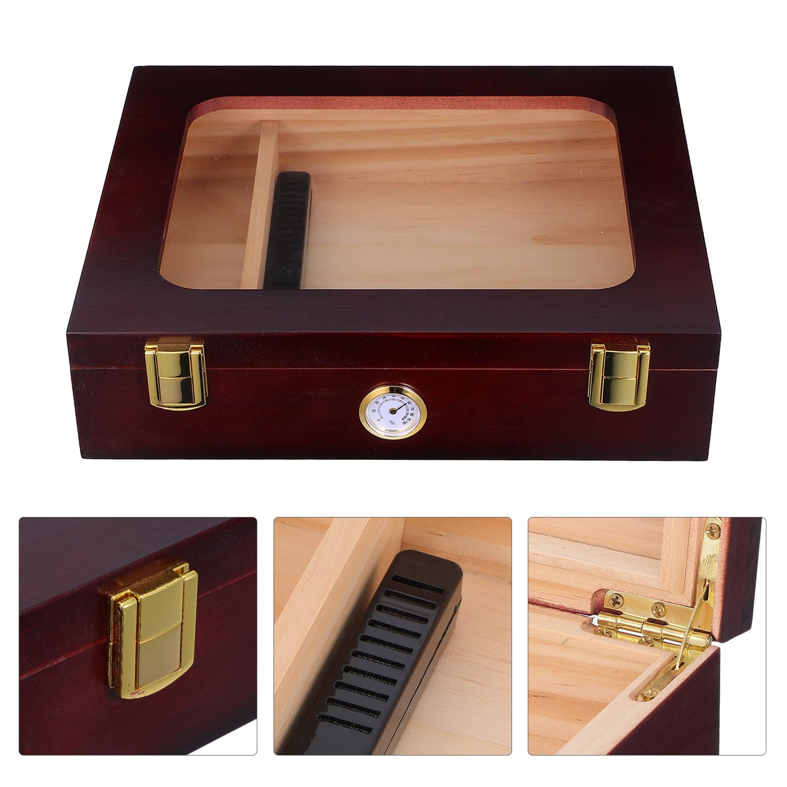 Humidor de Viaje de Madera Marrón con Higrómetro y Humidificador | Tapa de Vidrio, Divisor Interno, Control Preciso de Humedad, para Casa u Oficina