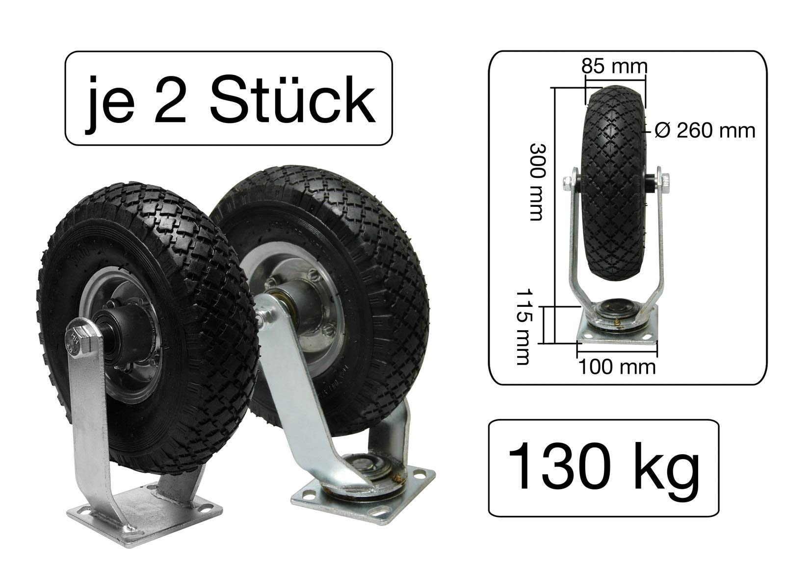 2x Lenkrolle + 2 x Bockrolle Luftrad 260mm 100kg Schubkarre Sackkarre Reifen Rad 3.00-4 Stahlfelge