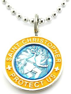St. Christopher Surf Medal Necklace Pendant, Protector of Travel am-ye Aquamarine Blue-Yellow Small