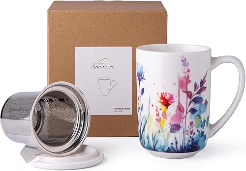 Miniatura 8 de Taza de Té de Porcelana AmorArc con Infusor y Tapas, Taza Grande de 18 Oz con Filtro con Soporte para Bolsa de Té de Hojas Sueltas, Taza para