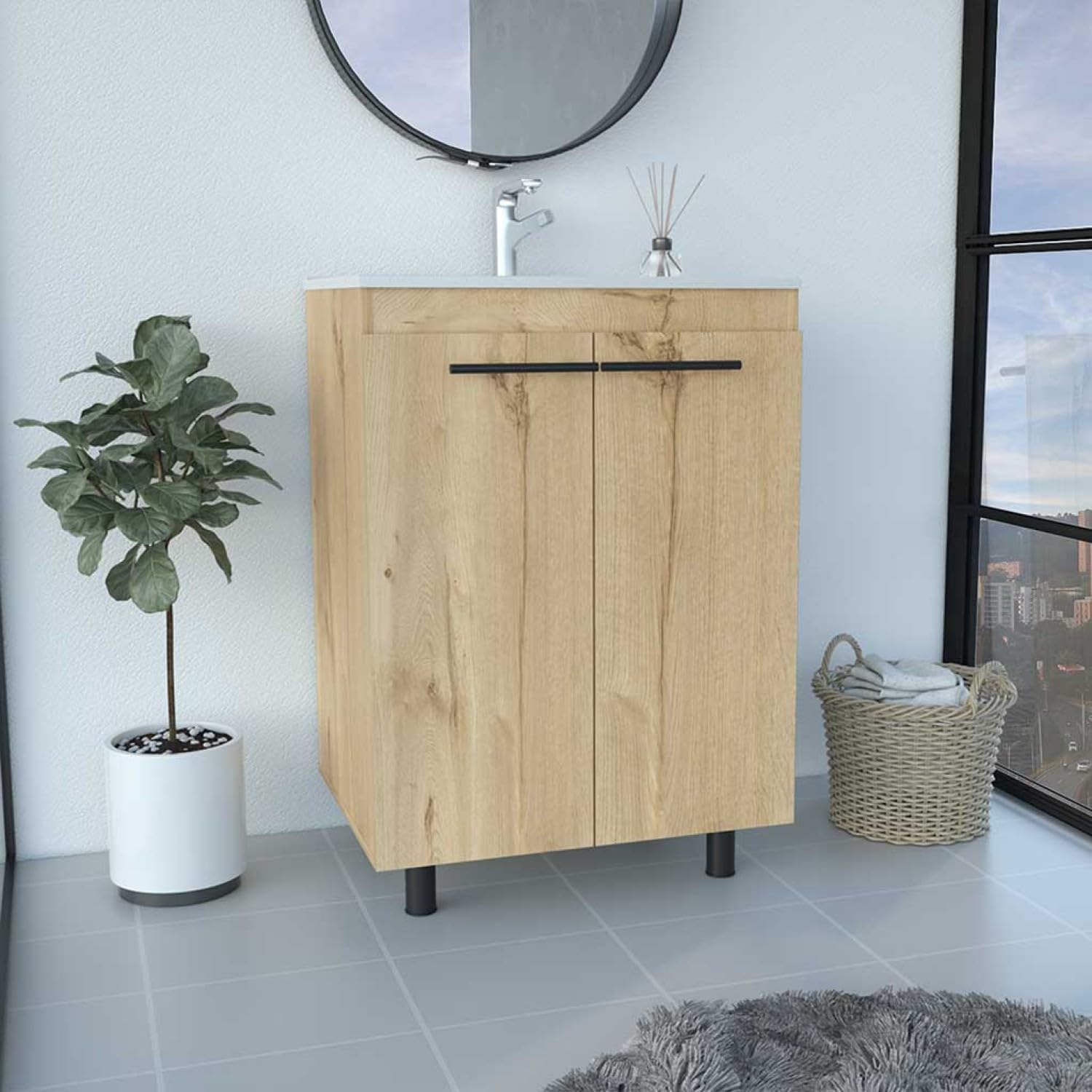 Free Standing Sink Cabinet, Light Oak Finish, Double Door Design, Two Shelves, Four Legs