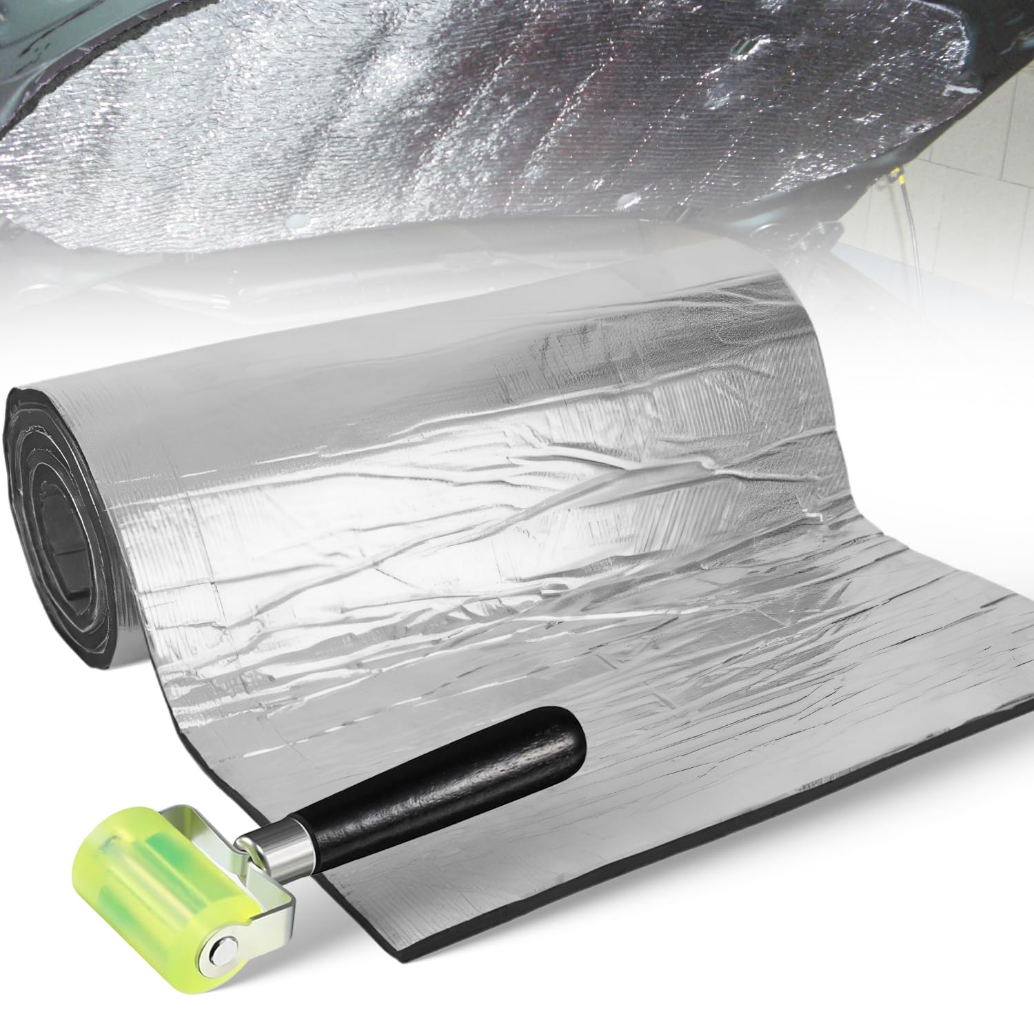 1 Feuille de Isolation Phonique Auto Adhésive Argentée 5 mm épaisseur 40 cm x 200 cm avec Outil Roue Préssante Isolant Phonique Voiture pour Insonorisation Capot Moteur 0.8㎡