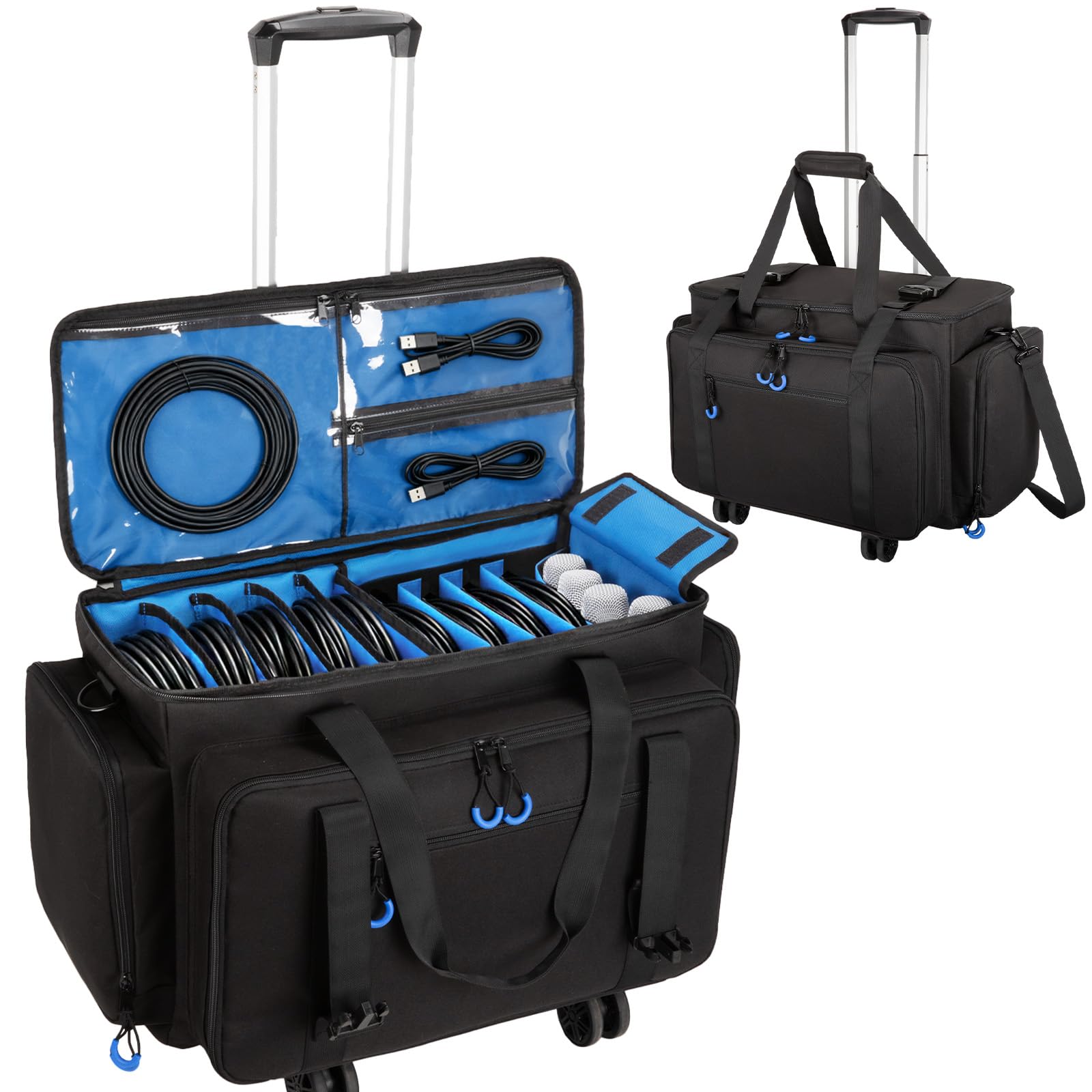 Large Rolling Dj Cable Bag with Detachable Dividers, Bottom Pad