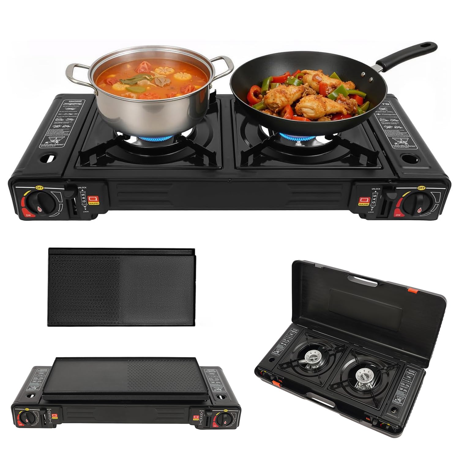 Barbecue à gaz et réchaud à gaz à 2 flammes en acier inoxydable - 2500 W - Réchaud de camping avec plaque de cuisson et boîte de rangement - Soupape de surpression intégrée - Réchaud à gaz de camping