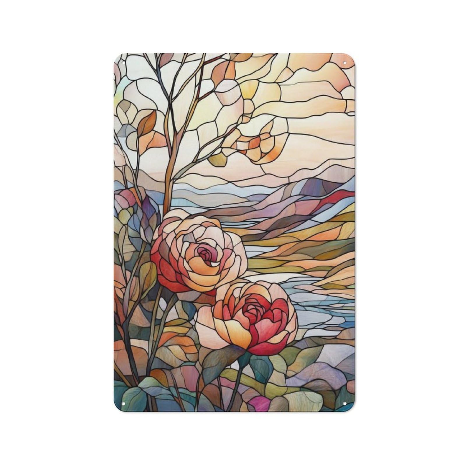 Junmoney Stained Glass Roses Tin Wall Plaque 30X20cm With For Hallway Wall, For Home Interiors, Feature Walls And Decorative Displays