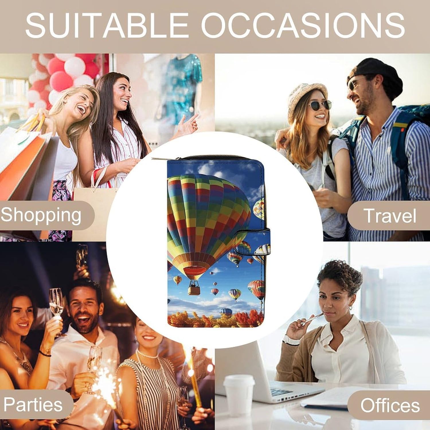 PU Leather Wallet, Colorful Hot Air Balloon Print Wallet with Multiple Slots Elegant Wallet Business Wallet Travel Wallet Bifold Wallet, 19.7x11x3.5cm, style