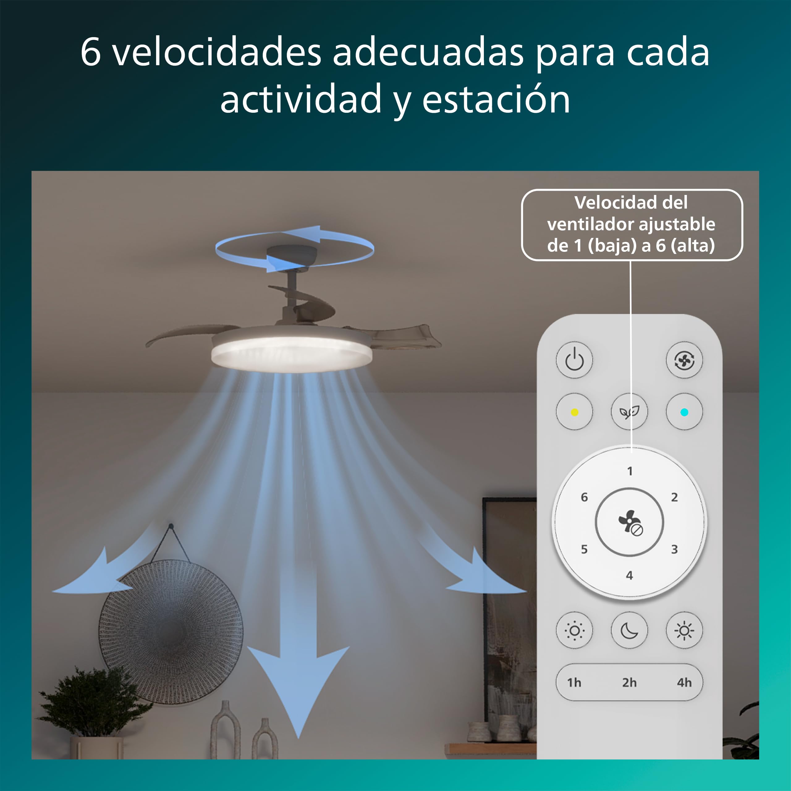 Philips Solr Lámpara de Techo con Ventilador de Aspas Retráctiles con LED, 3 Aspas, 106 Cm, 4500 Lúmenes, Luz Blanca Tres Tonos (2700 K/4000 K/5500 K), Regulable al 10%, Mando a Distancia, Blanco