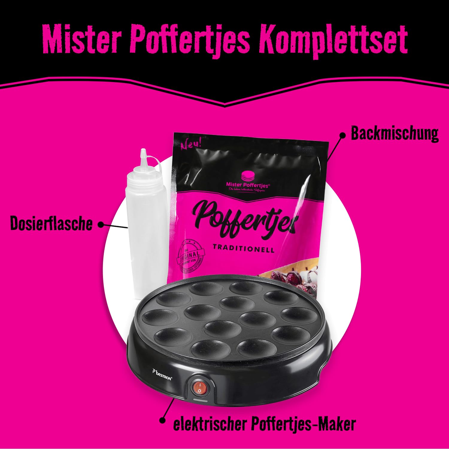 MISTER POFFERTJES Pancake Backmischung für Poffertjes, holländische Mini-Pfannkuchen mit elektrischem Poffertjes Maker, Pancake Mix für 40 Stück, 4-6 Portionen
