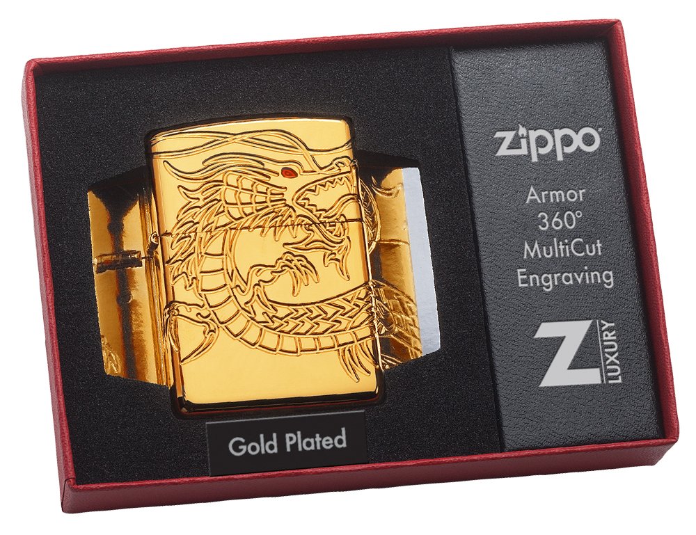 Zippo 16400 - Accendino, cromato, Cromo, Armor High polish Gold Plate with Epoxy Inlay (Dragon Multi Cut ), 6.0 x 4.0 x 2.0 cm
