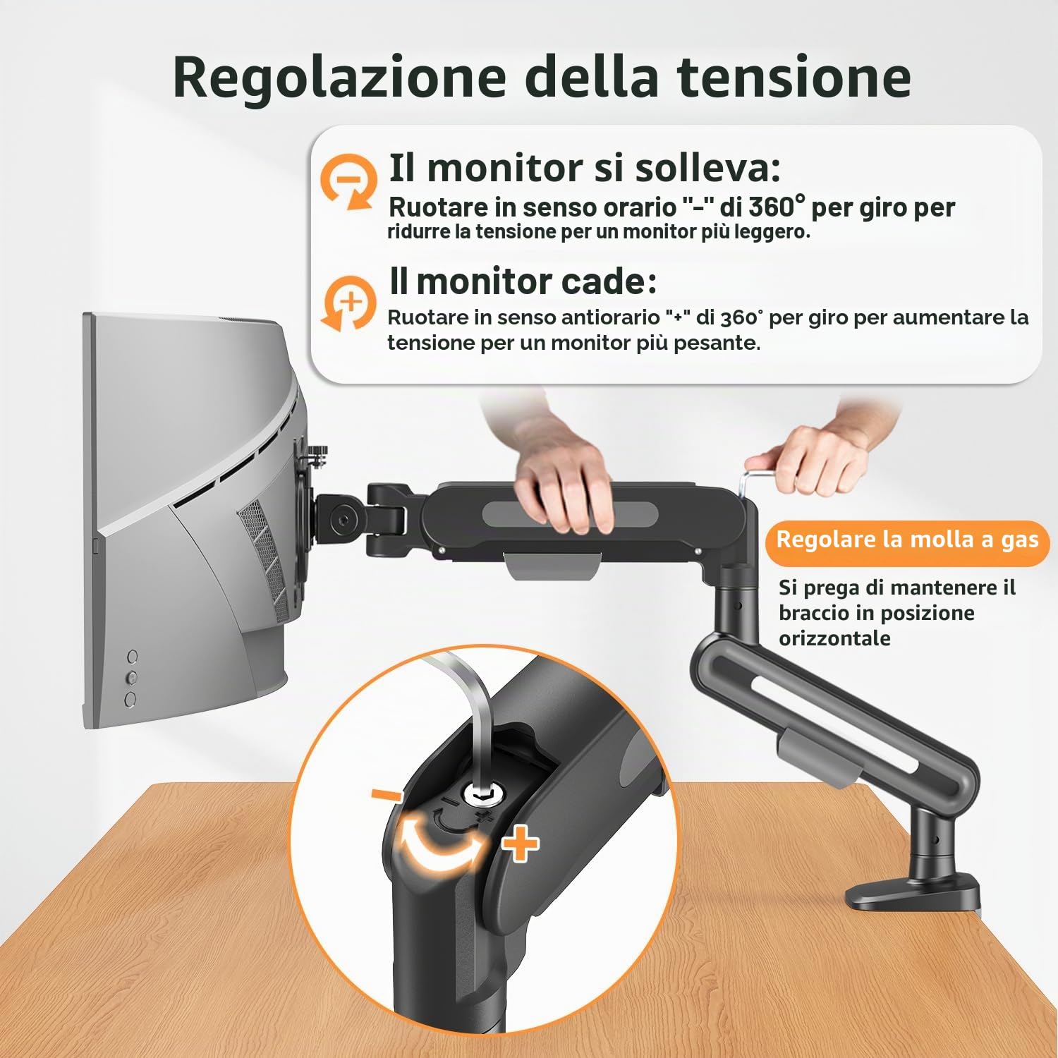 ELIVED Supporto da scrivania per monitor singolo per schermi da 13-34", supporta max 12 kg, inclinabile e girevole, braccio regolabile in altezza con molla a gas, VESA 75 e 100 mm, morsetto a C e base