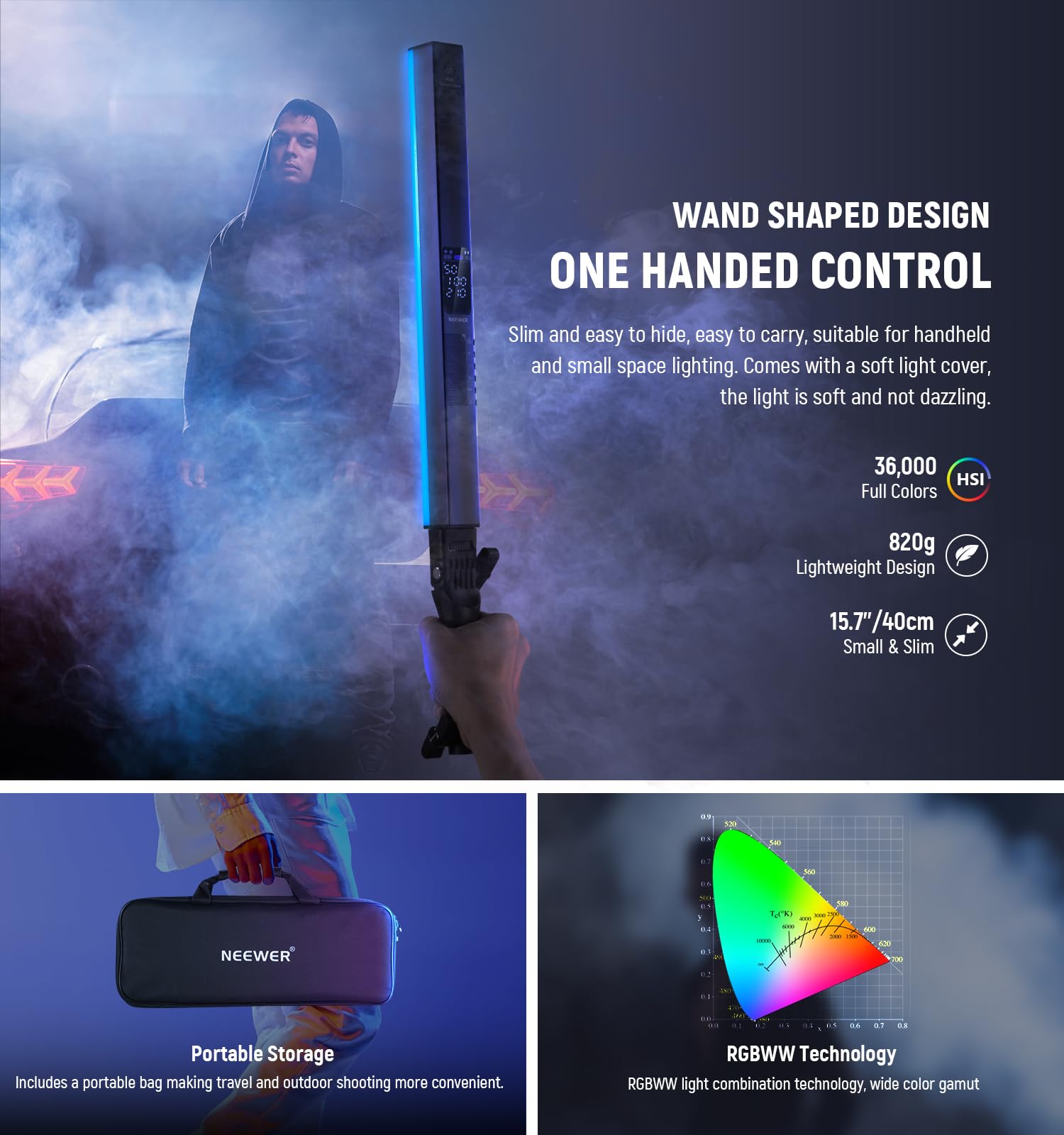 Neewer RGB2 LED Videoleuchte Lichtstab mit Metall Scheunentor Griff Touchleiste/APP/2 – Bild 2