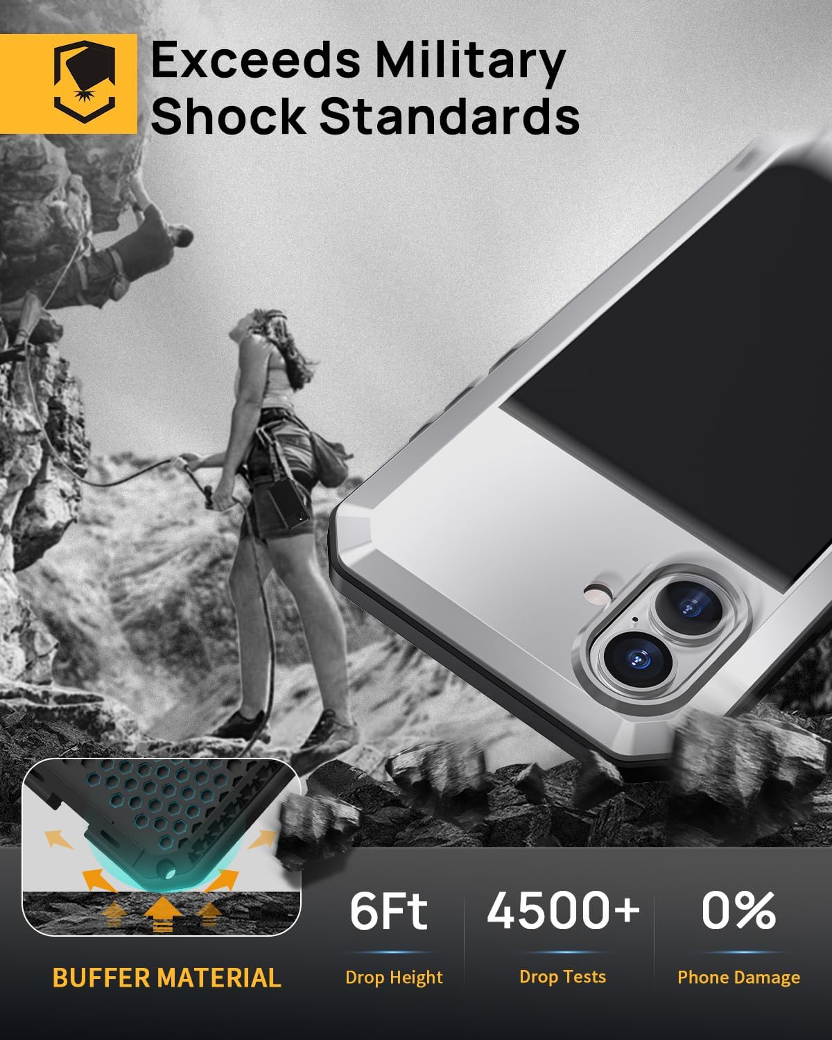 Lanhiem for iPhone 16 Plus Metal Case, Heavy Duty Shockproof Tough Rugged Case with Built-in Glass Screen Protector, 360 Full Body DustProof Protective Cover for Phone 16 Plus 6.7", Silver - Image 3