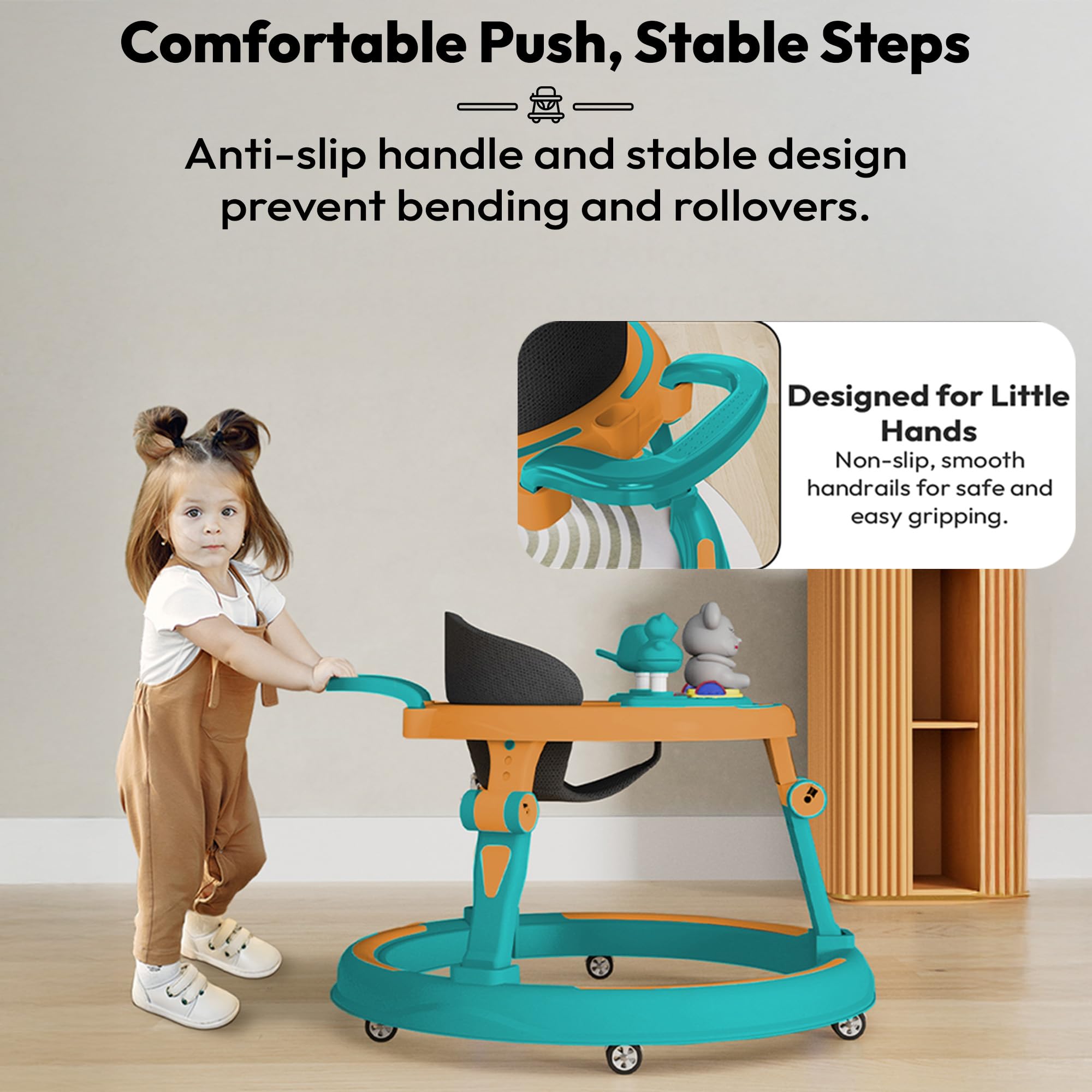 StarAndDaisy 360 Baby Walker 6-24 Months / 7 Level Height Adjustment Walker for Kids Boy and Girl with Switchable Food & Musical Toy Tray/Premium Baby Activity Walker - Green Orange 4