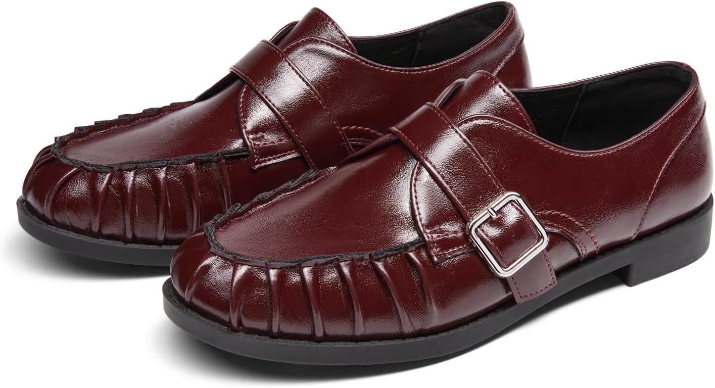 Coutgo Womens Pleated Loafers Monk Strap Slip On Casual Comfortable Flats Office Work Business Dress Shoes