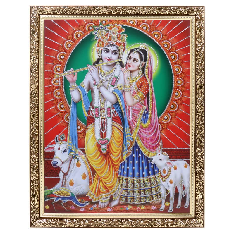Photo Radha Krishna zari d'argent cadre doré cuivré grand format 35x45 décoration murale