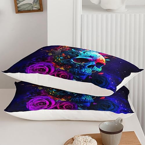 Miniatura 69 de AILONEN Juego de funda de edredón de calavera de azúcar, tamaño Queen, juego de funda de edredón de calavera de rosa roja, juego de ropa de cama