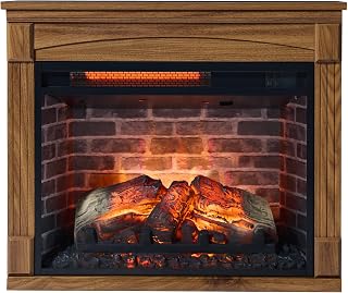 SOFTSEA 28" Electric Fireplace Heater Mantel with Removable Caster Wheel, TV Media Entertainment Center with Electric Fireplace and Remote Control, 4 Adjustable Brightness, 1500W Heater, Dark Oak