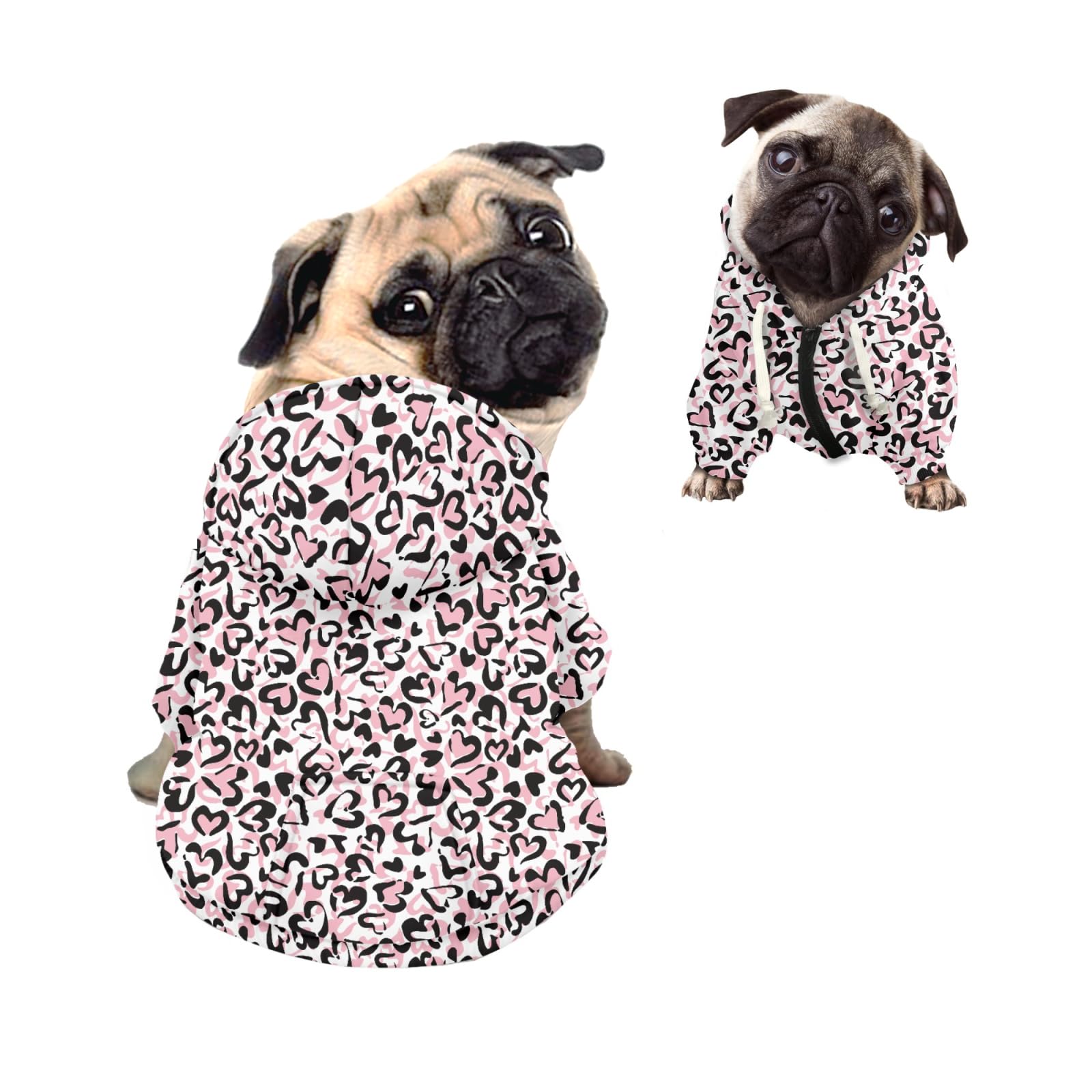 Kuiaobaty Pink Leopard Print Dog Hoodie Zipper Comfort Puppy Pet Sweatshirt with Hat, Hearts Pattern Jumpers Outfits for Small Medium