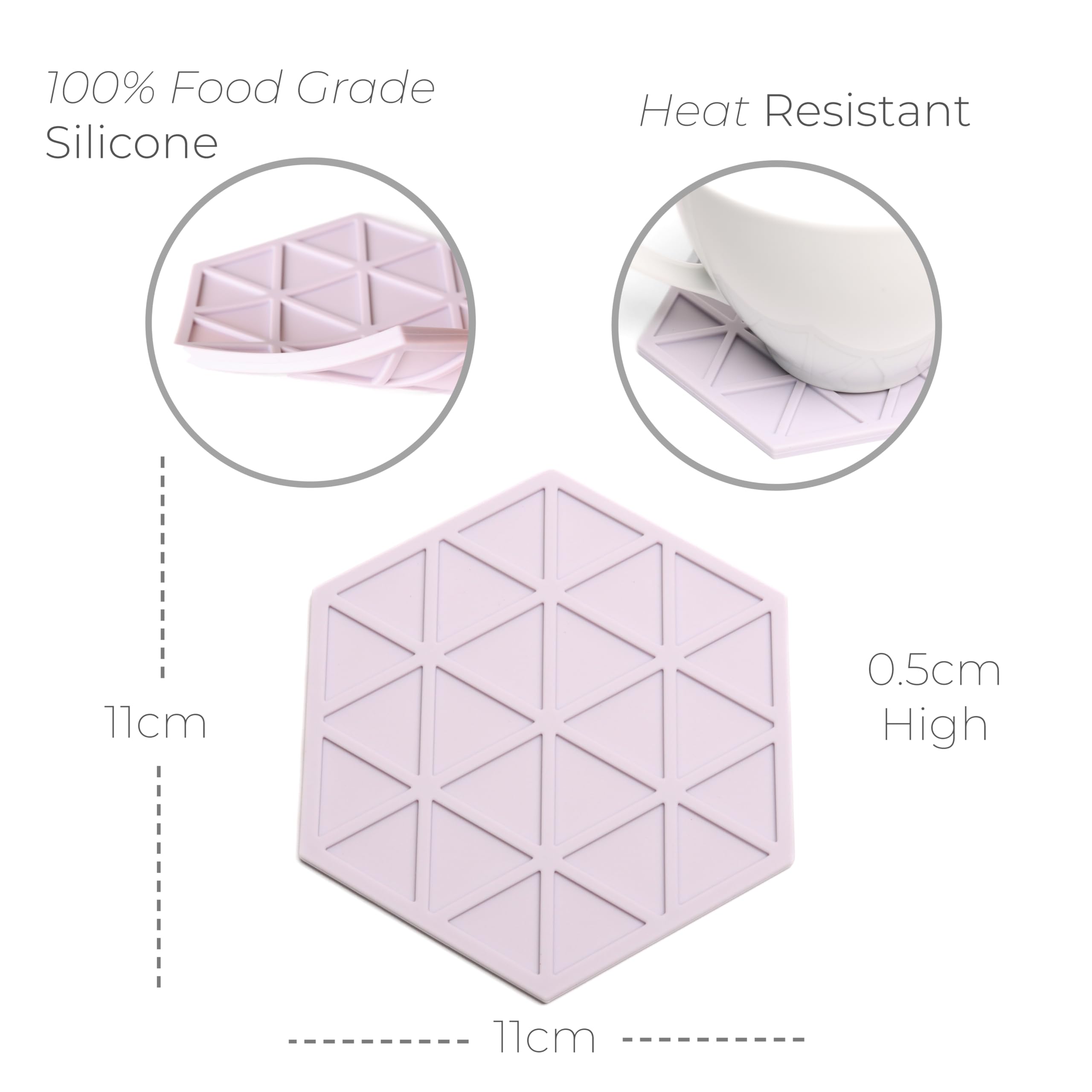 Lilac Purple Silicone Drinks Coasters set of 6 by Stone & Thyme, a UK Brand. Scandinavian Style Hexagon Coasters, Non Slip - Image 3