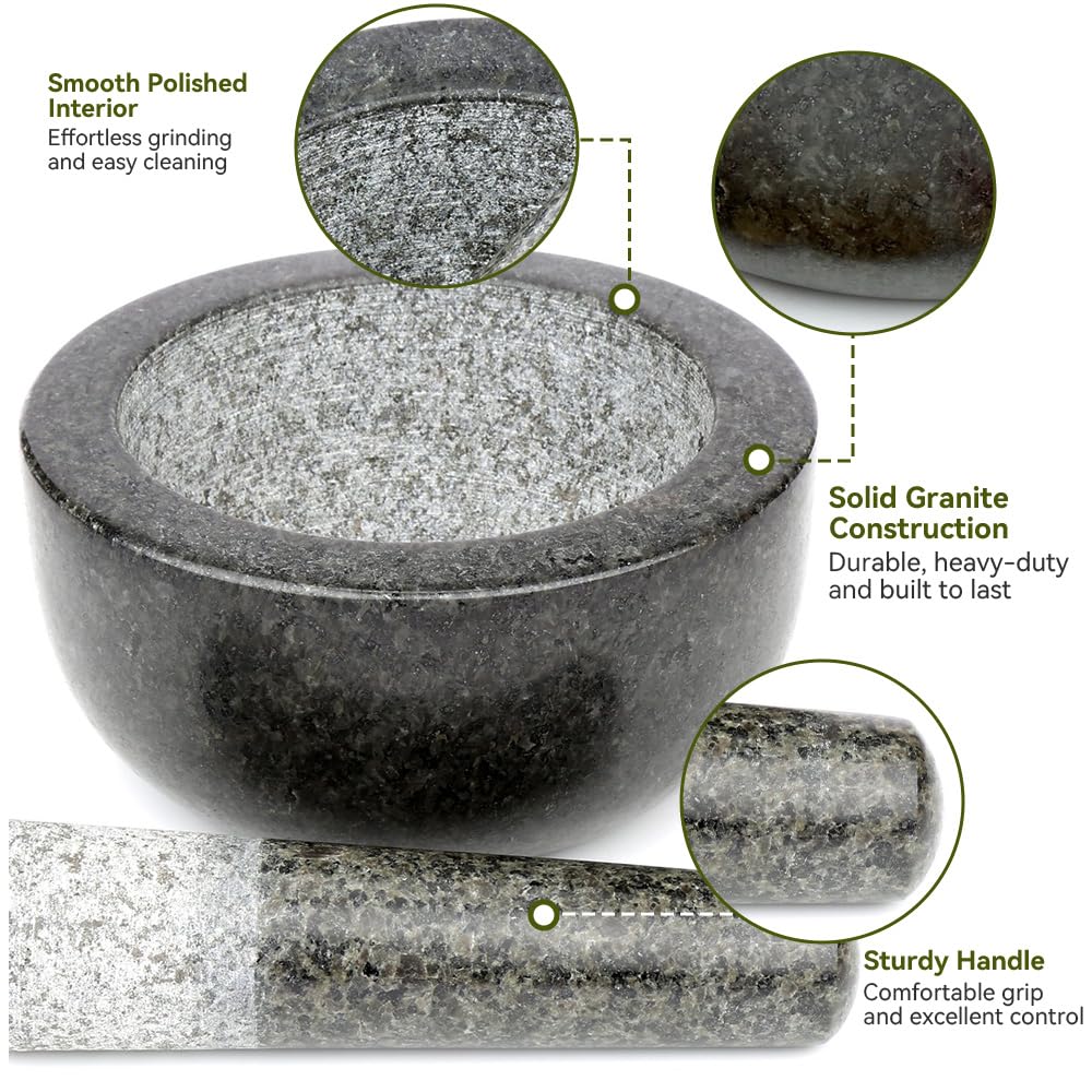 Kota Japan Mortero de granito y mano de mortero de piedra natural, tamaño grande, para especias, condimentos, pastas, pestos y guacamole, color negro