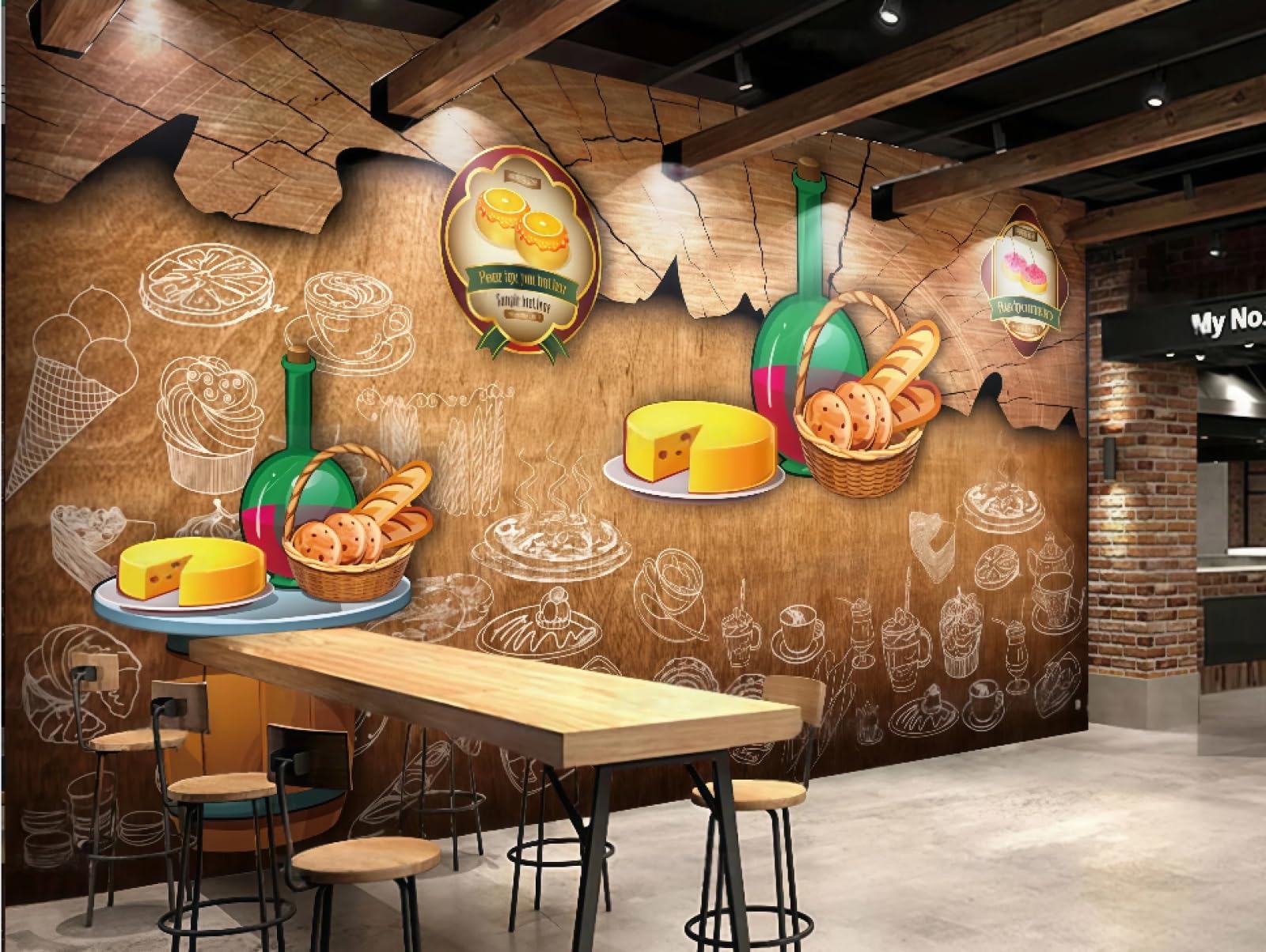 XDOUBAO Wallpaper Nostalgic Wood Grain Hand-Painted Bakery Dessert Shop Drinks Afternoon Tea Western Restaurant Background Wall Wallpaper Coffee Shop Mural,3D,150x105cm