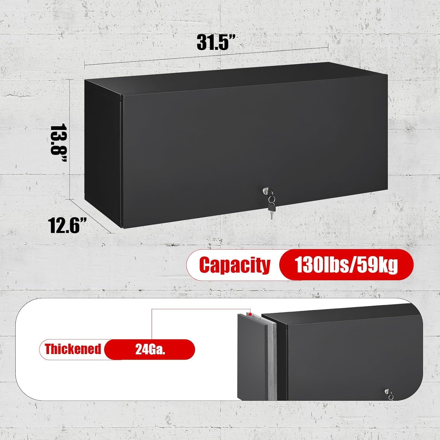 Image showing the dimensions of the MetalMax wall cabinet: 31.5 inches width, 13.8 inches height, 12.6 inches depth, and a capacity of 130 lbs.