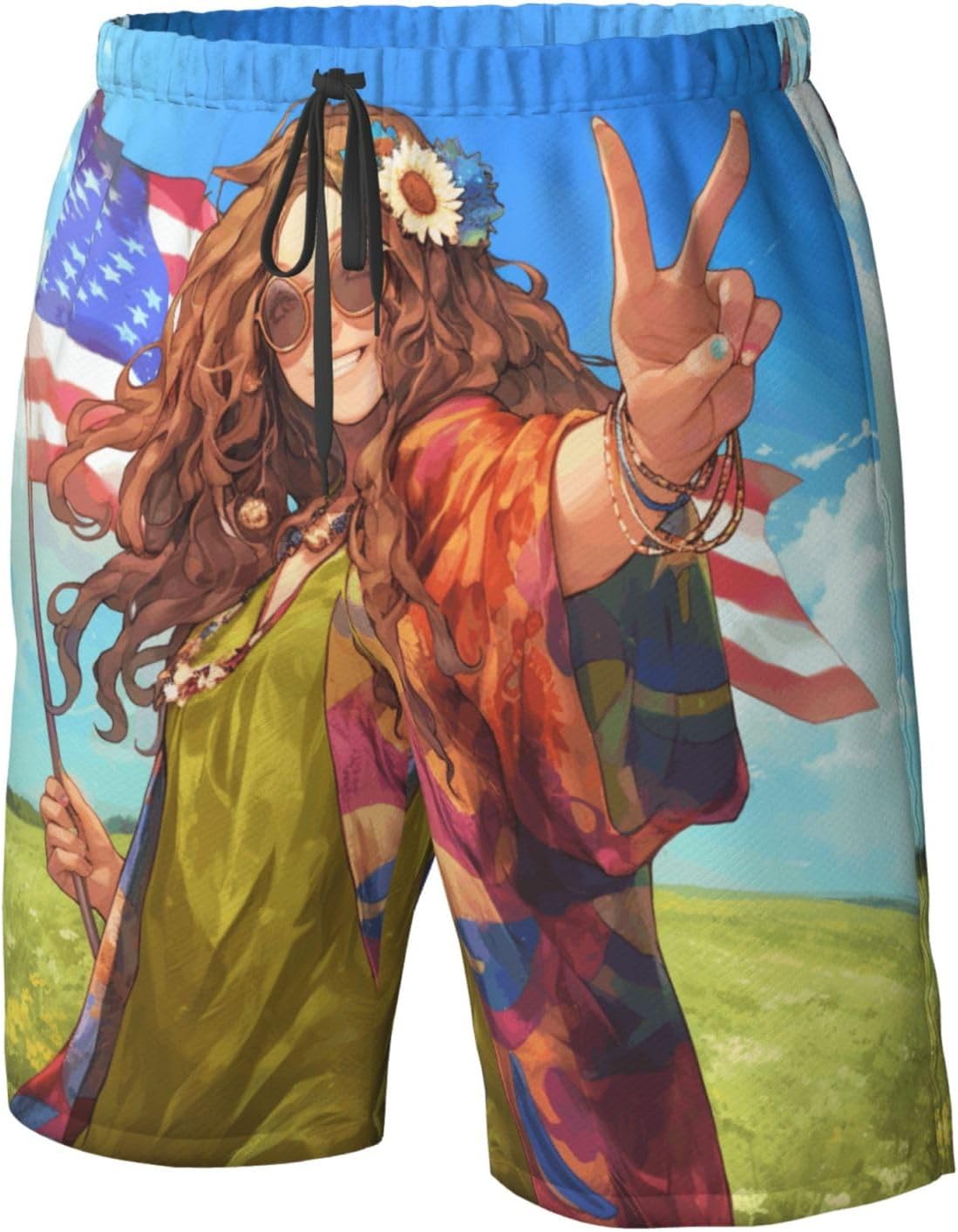 America Flag and Hippie Peace Print Mens Casual Shorts Drawstring Summer Beach Stretch Shorts Novelty Swimtrunks White
