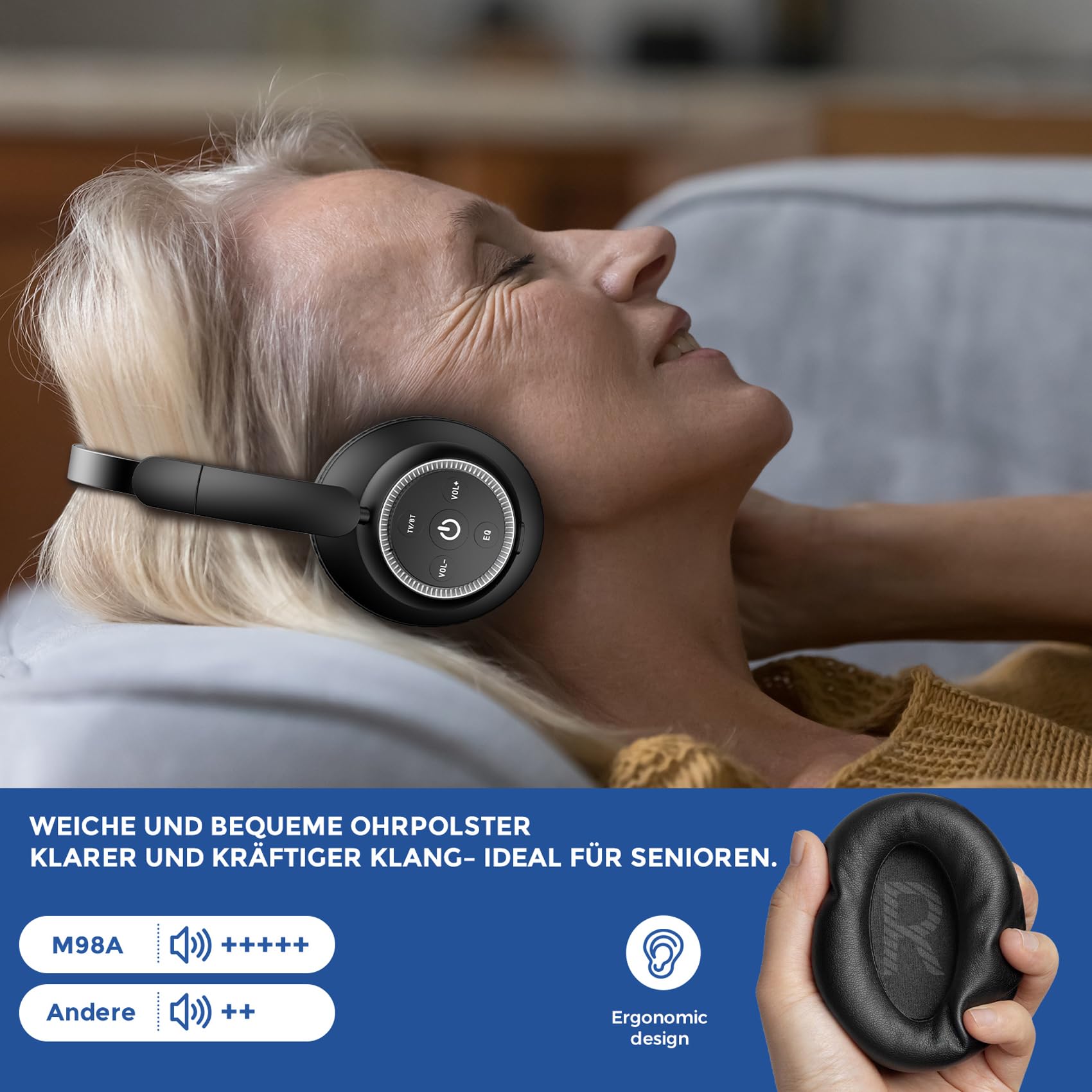 Kabellose TV-Kopfhörer für Senioren – Hohe Lautstärke, Kein Audio-Verzögerung (Plug & Play) – Kompatibel mit Optisch/AUX/RCA/USB – Inkl. Senioren-Ladestation, Schwarz