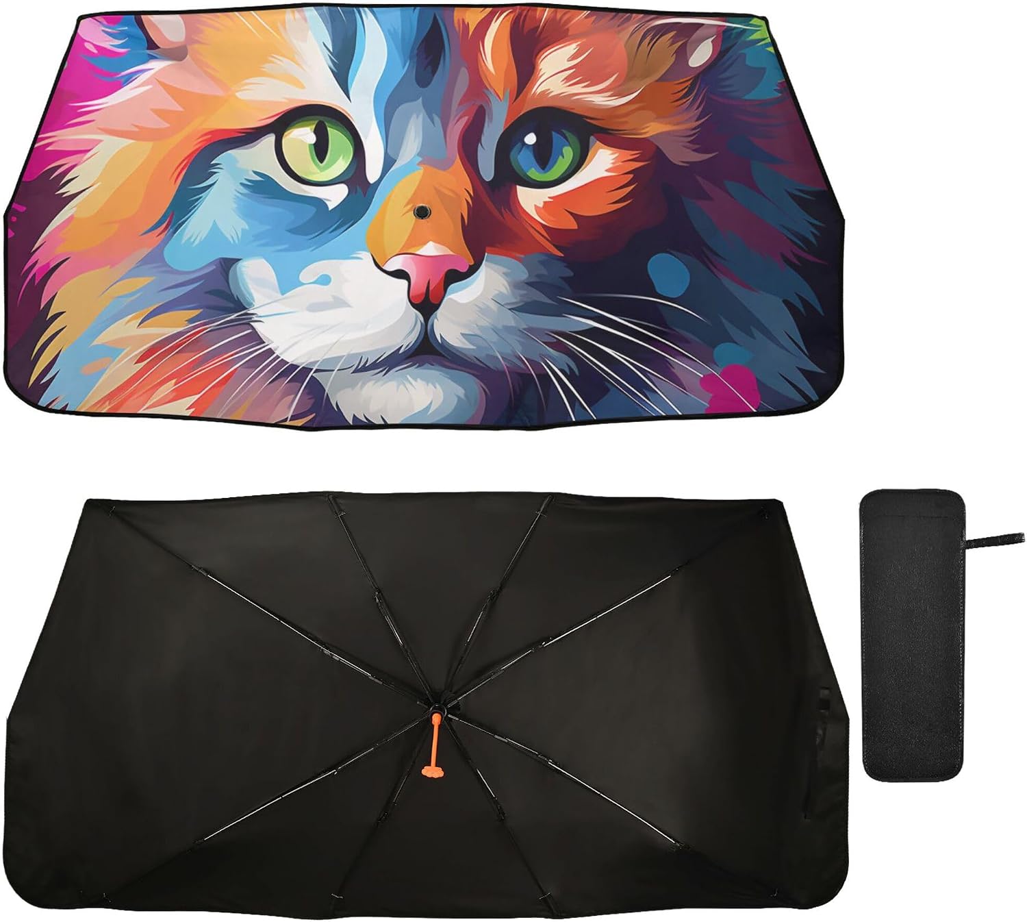 Car Umbrella Sun Shade Cover, Funny Cat Umbrella Sun Shade for Car Truck Window Front Windshield, Blocks UV Rays Sun Visor Protector Sun Heat Reflector to Keep Your Vehicle Cool