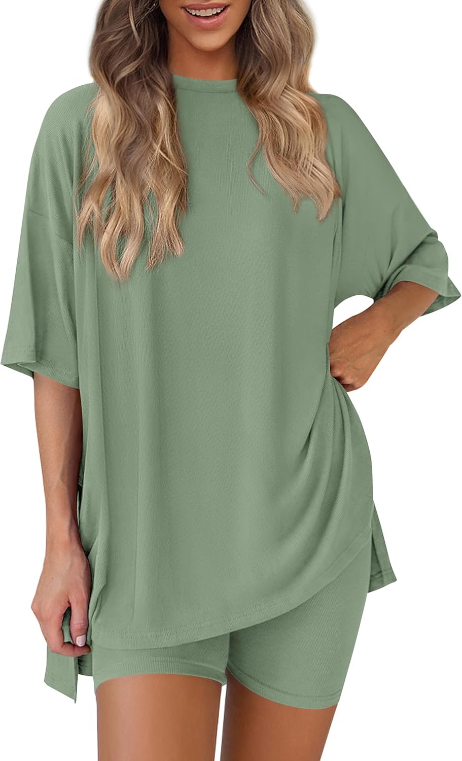 PRETTYGARDEN Women’s Two Piece Lounge Set 2025 Summer Casual Oversized Shirts Biker Shorts Matching Airport Travel Outfit