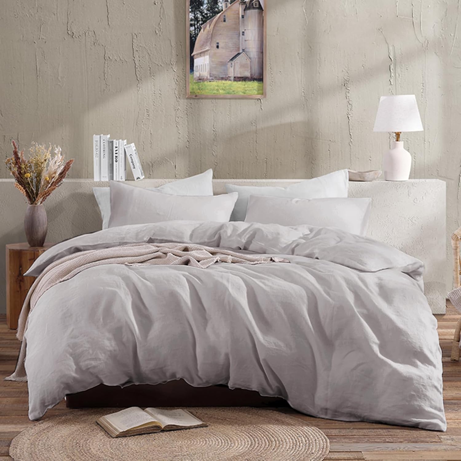 pinéllia100% Linen Duvet Cover Set, King Duvet Cover Linen Bedding Set 3pcs (1 Duvet Cover, 2 Pillowcases) with Button Closure, Breathable Soft Bed Set for Hot Sleepers, Light Gray