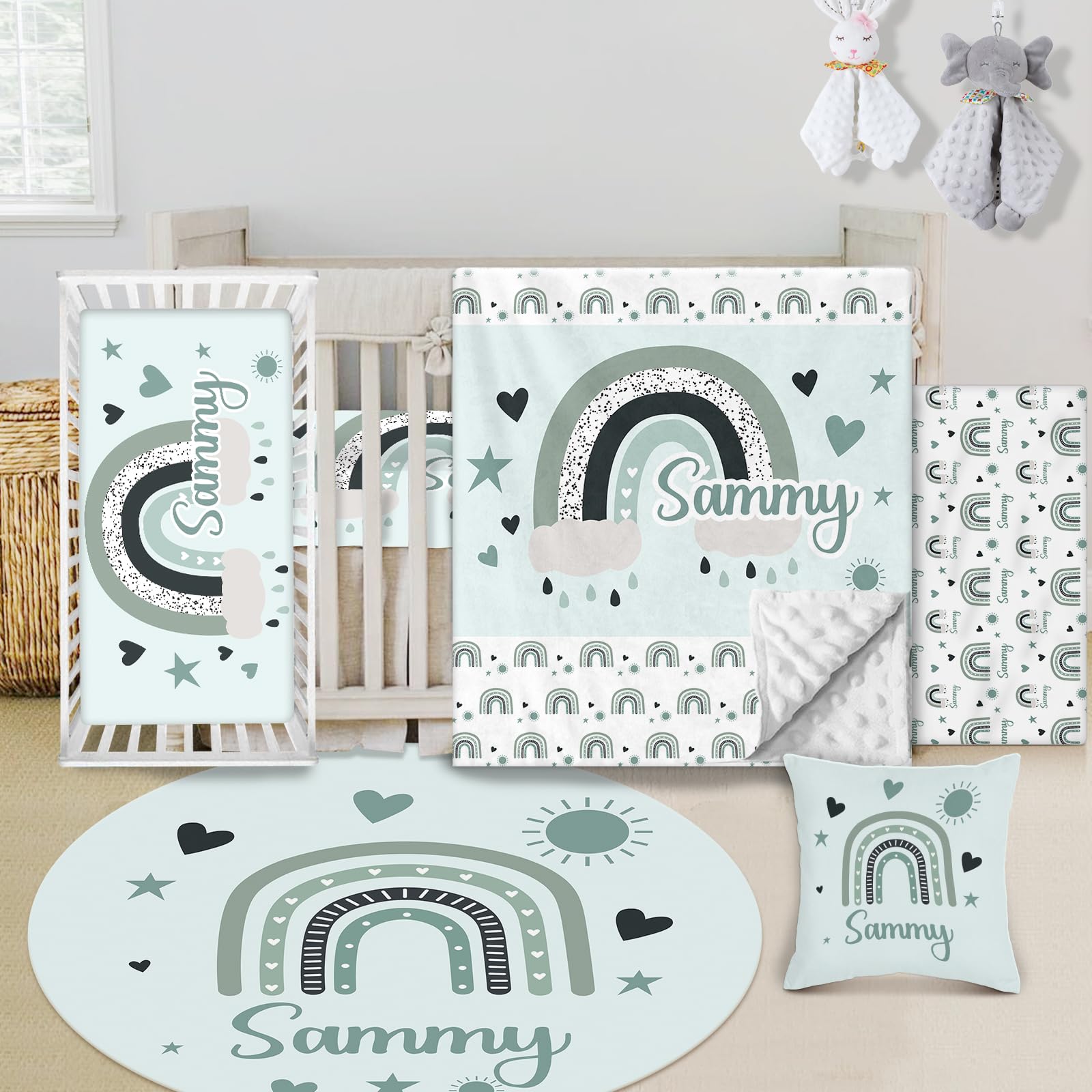 Individuelles Babybett-Bettwäsche-Set, 5-teilig, Regenbogen-Designs, personalisierte Namensdecke mit gepunkteter Rückseite, Kinderbettlaken, Wickelunterlage, Kissenbezug, Teppich für Neugeborene, Grün