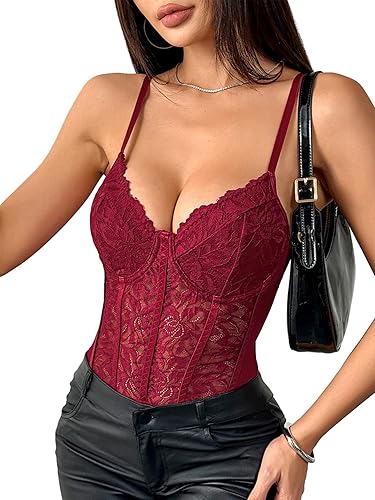 Lilosy Sexy Mesh Sheer Floral Lace Corset Lingerie Bodysuit Bustier Cami Top - Large - Underwire Wine Red