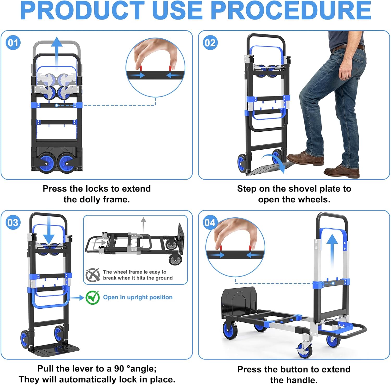 3-in-1 Folding Hand Trucks, 500lbs Convertible Dolly, Dolly Cart with Wheels Heavy Duty, Moving Cart with Retractable Handle, Collapsible Trolley for Moving Office/Home/Warehouse/Boxes/Cartons (Blue)
