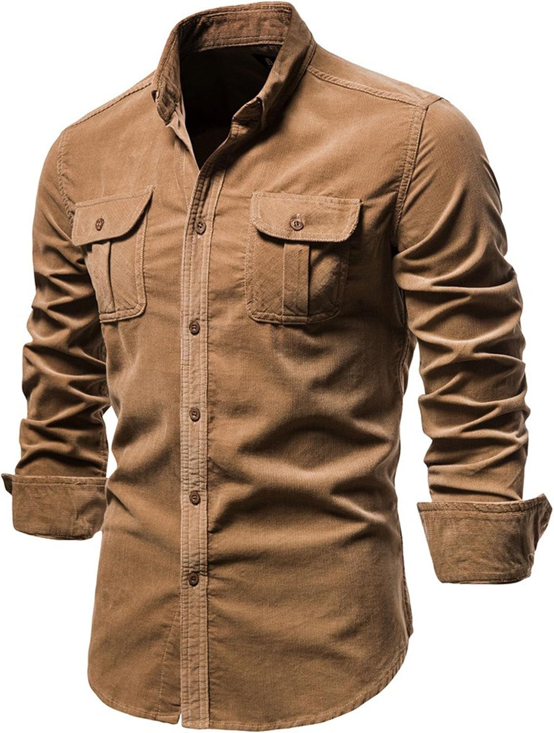 Men's Button Down Corduroy Shirt Slim Fit Long Sleeve Lapel Business Shirt Lightweight Shacket with Chest Pockets