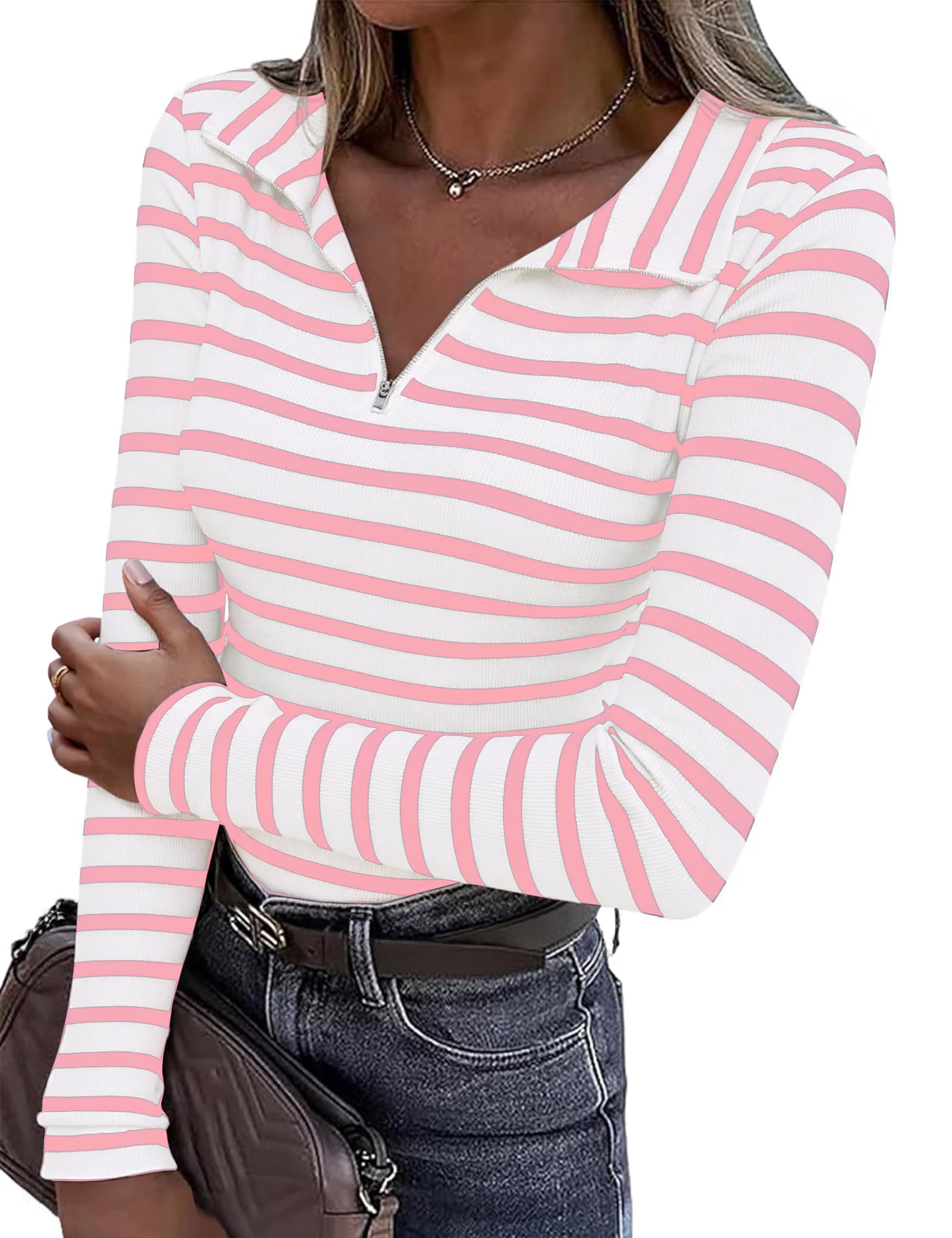 Aottori Pullover Damen Gestreiftes Langarmshirt Baumwolle Polo V-Ausschnitt Half Zip Shirt Langarm Ringelshirt Oberteile Elegant Herbst Winter Tee Shirts Tops