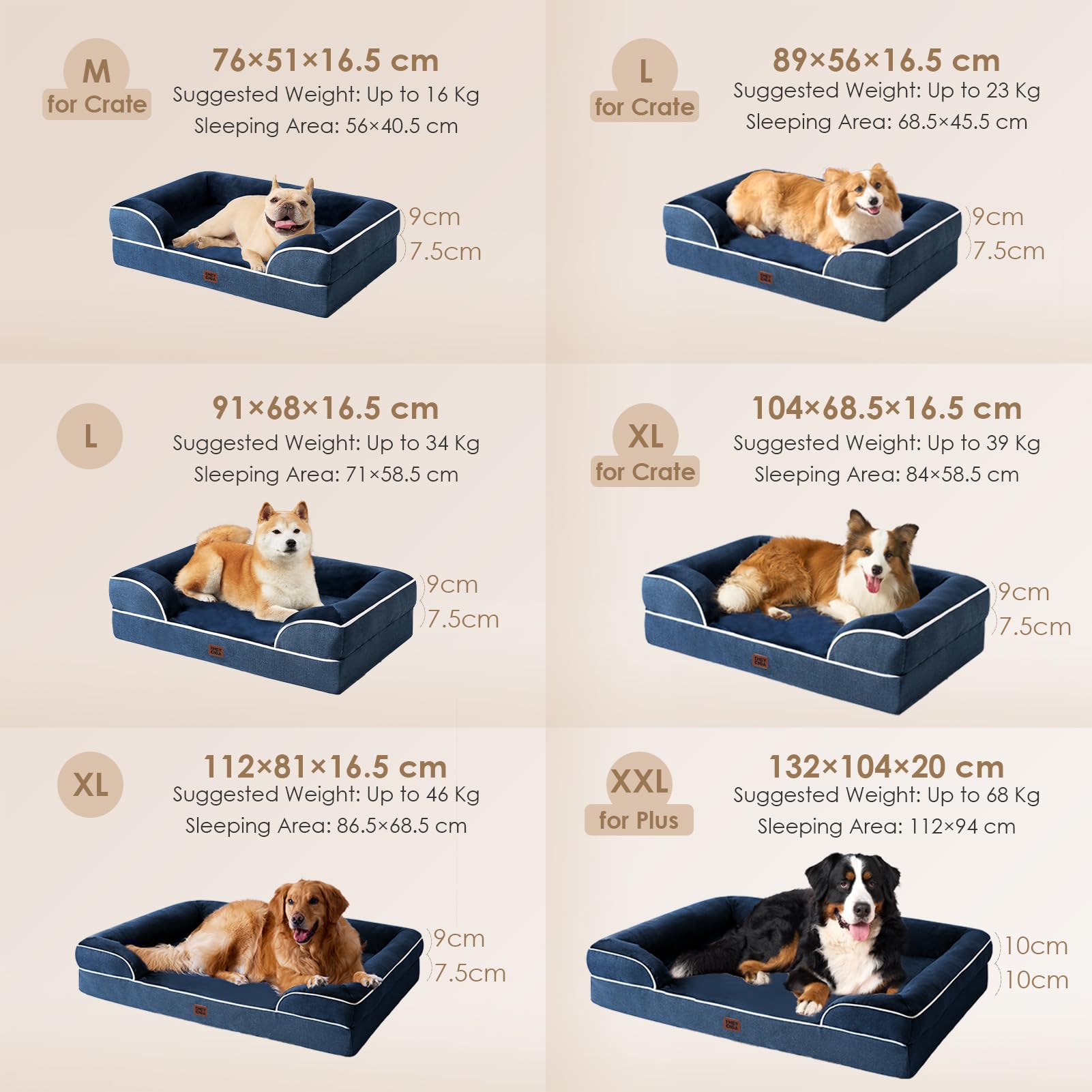 EHEYCIGA Cuccia Cane Interno Taglia Grande, Cuscino Cane Impermeabile Sfoderabile e Lavabile, Letto per Cani con tre Lati Rialzati Ortopedico, Cuccia Divano per Cani, Blu Navy, 112x81x16cm