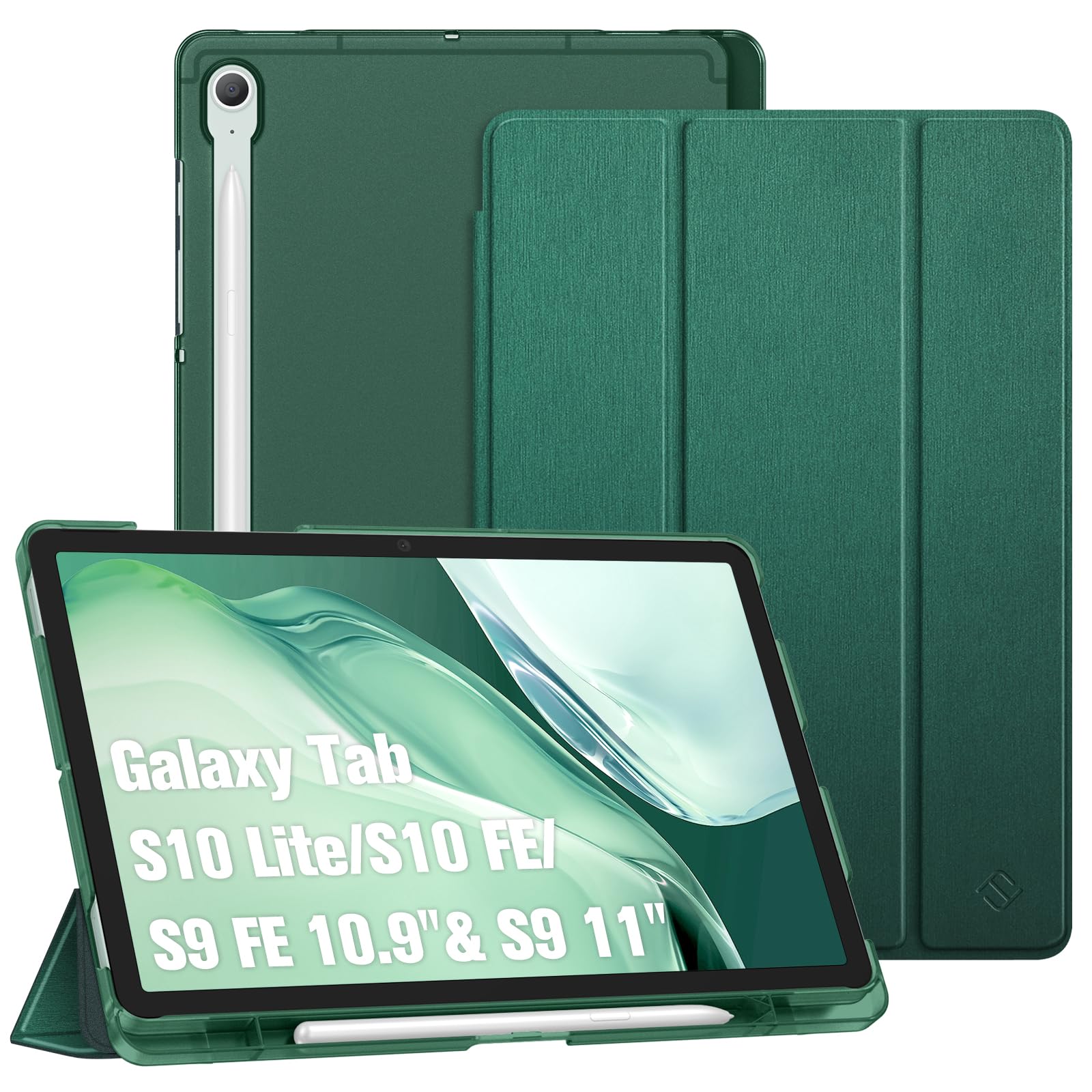 Fintie Hülle für Samsung Galaxy Tab S10 Lite/S10 FE/S9 FE 10.9" & S9 11" Tablet mit Stifthalter, Ultradünn Schutzhülle mit Translucent Rückseite Cover und Auto Schlaf/Wach Funktion, Dunkelgrün