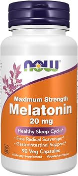 NOW Foods Supplements، أقصى قوة الميلاتونين 20 mg، دورة نوم صحية *، زبال جذري مجاني *، دعم الجهاز الهضمي *، 90 كبسولة نباتية