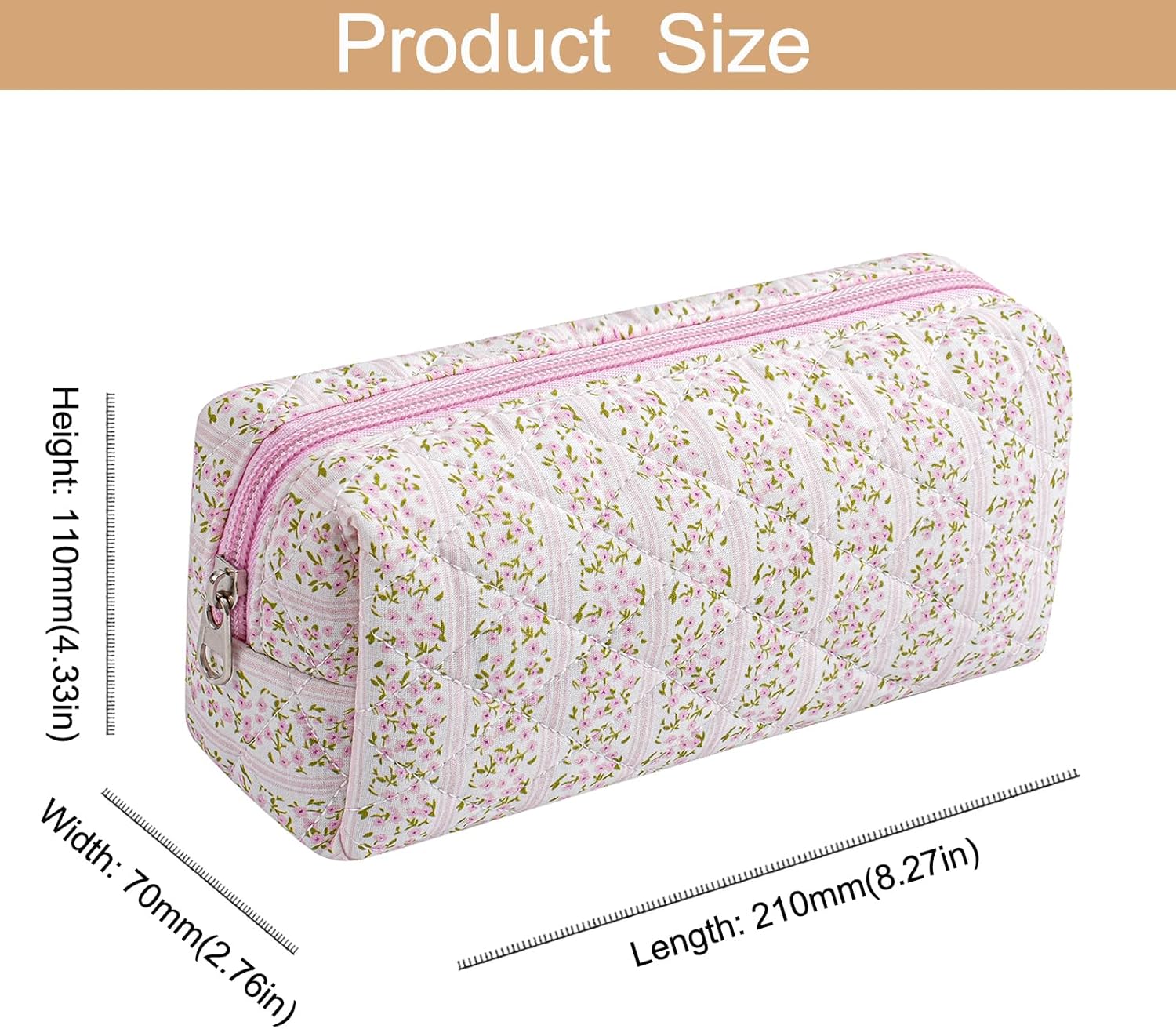 Cute Floral Cotton Makeup Brush Cosmetic Bag for Women, Travel Quilted Zipper Make Up Bag, Flowers Toiletry Organizer Case Kawaii Makeup Cosmetic Travel Cloth Pouch (Pink Floral)