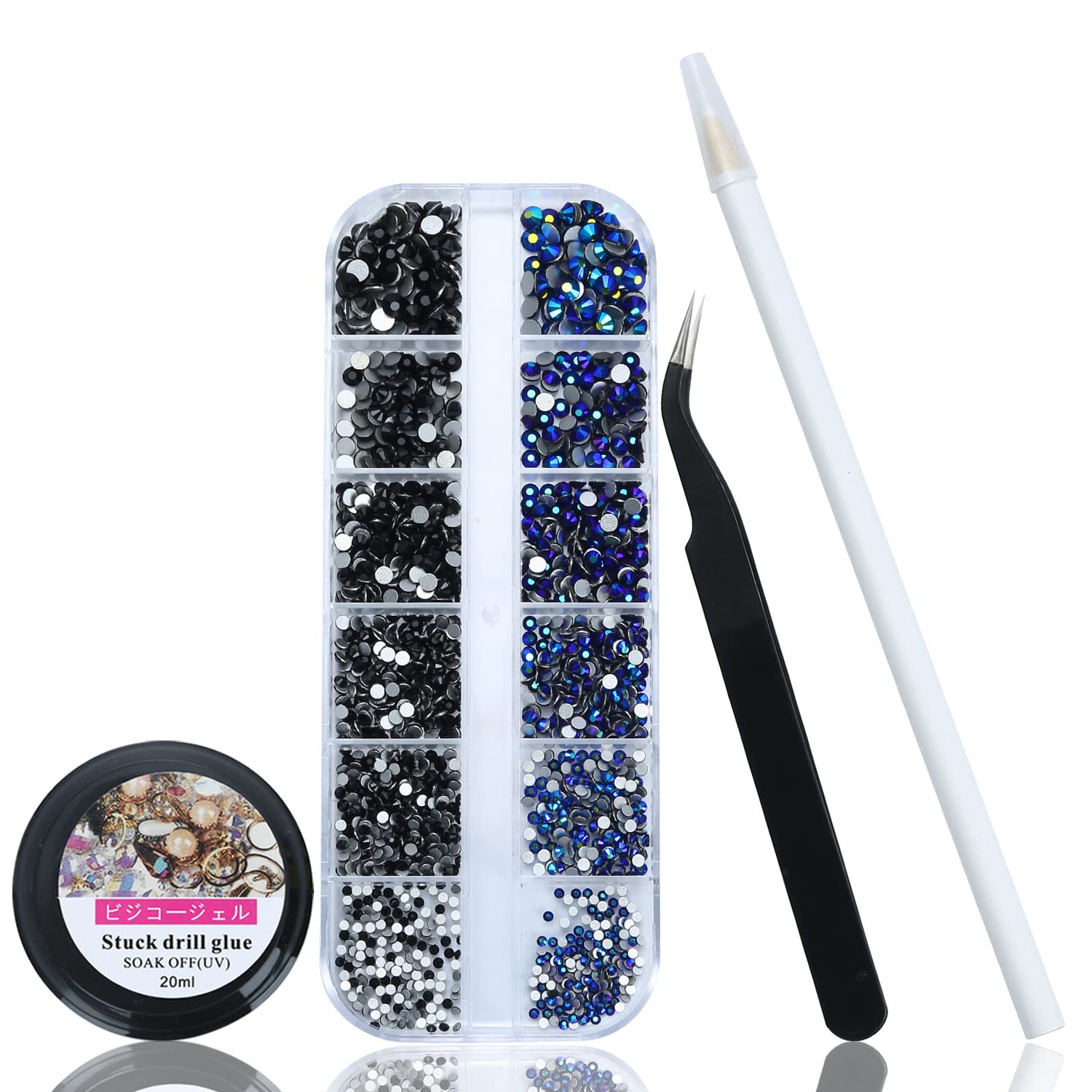 1500PCS Rhinestones for Nails - Crystals Gems for Nails Flat Back Nail Art Rhinestones in 6 Sizes - Craft Nail Art Gem Kit with 20ML Nail Glue and 1 Picker Dotting Pen and 1 Tweezer