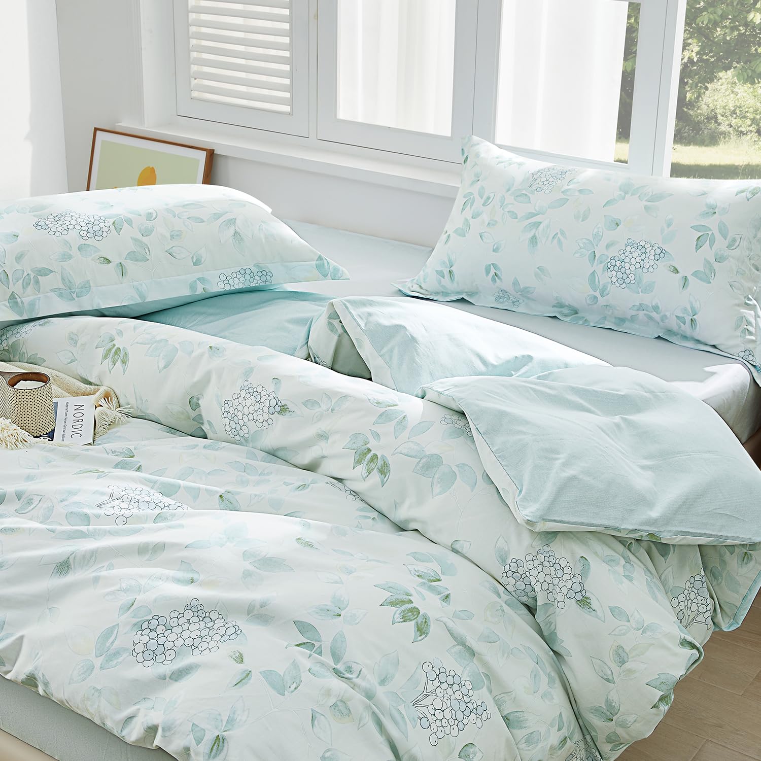 SAPHREAS Agua Blue Botanical Duvet Cover 100% Cotton Single Size Leaves Bedding Comforter Cover Set Soft 1 Duvet Cover 1 Pillow Sham - Image 2