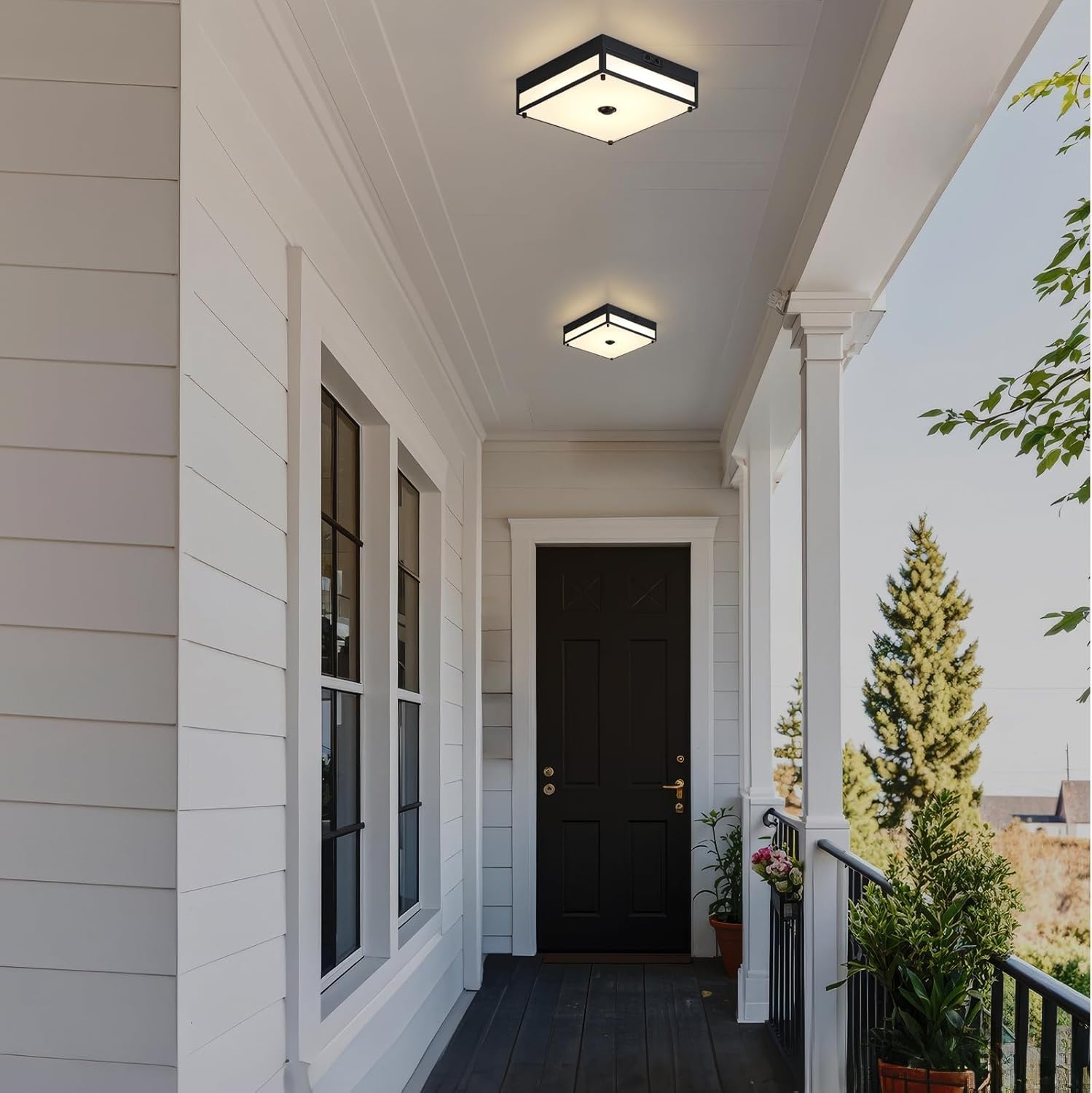 Motion Sensor Outdoor Light, Flush Mount Ceiling Fixture with 24W LED, Dusk to Dawn, Adjustable 3CCT, Black Exterior with Acrylic Diffuser, for Porch, Garage, Entryway, Patio Lighting