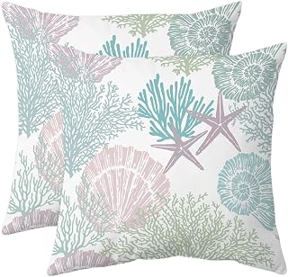 Tritard Nautical Coastal Throw Pillow Covers Set of 2 Ocean Themed Beach Seashell Coral Starfish Velvet Couch Pillow Cases Outdoor Sofa Cushion Cover Modern Decor for Bed Living Room, 18" x 18", Green