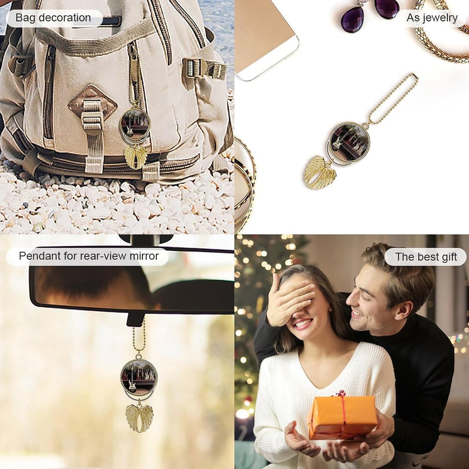 Personalized Photo Memorial Pendant Decor, Rearview Mirror Charm Guitar Bass Music Musical Instruments Hanging Ornament with Angel Wings, Car Interior Decor Accessories, Ideal Gifts for Family image 5