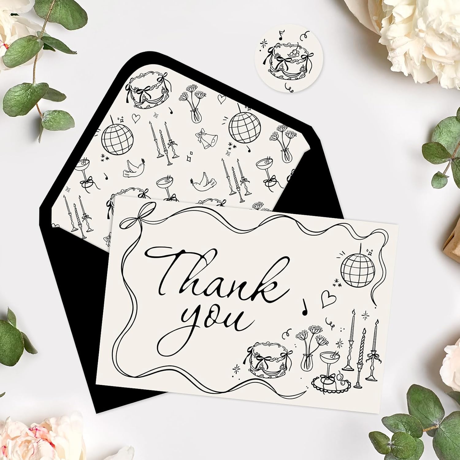 Whaline 24 Pack Wedding Thank You Cards Boxed Black Bow Cake Disco Ball Flower Thank You Greeting Note Cards Boxed with Envelope Sticker for Bridal Shower - Image 5