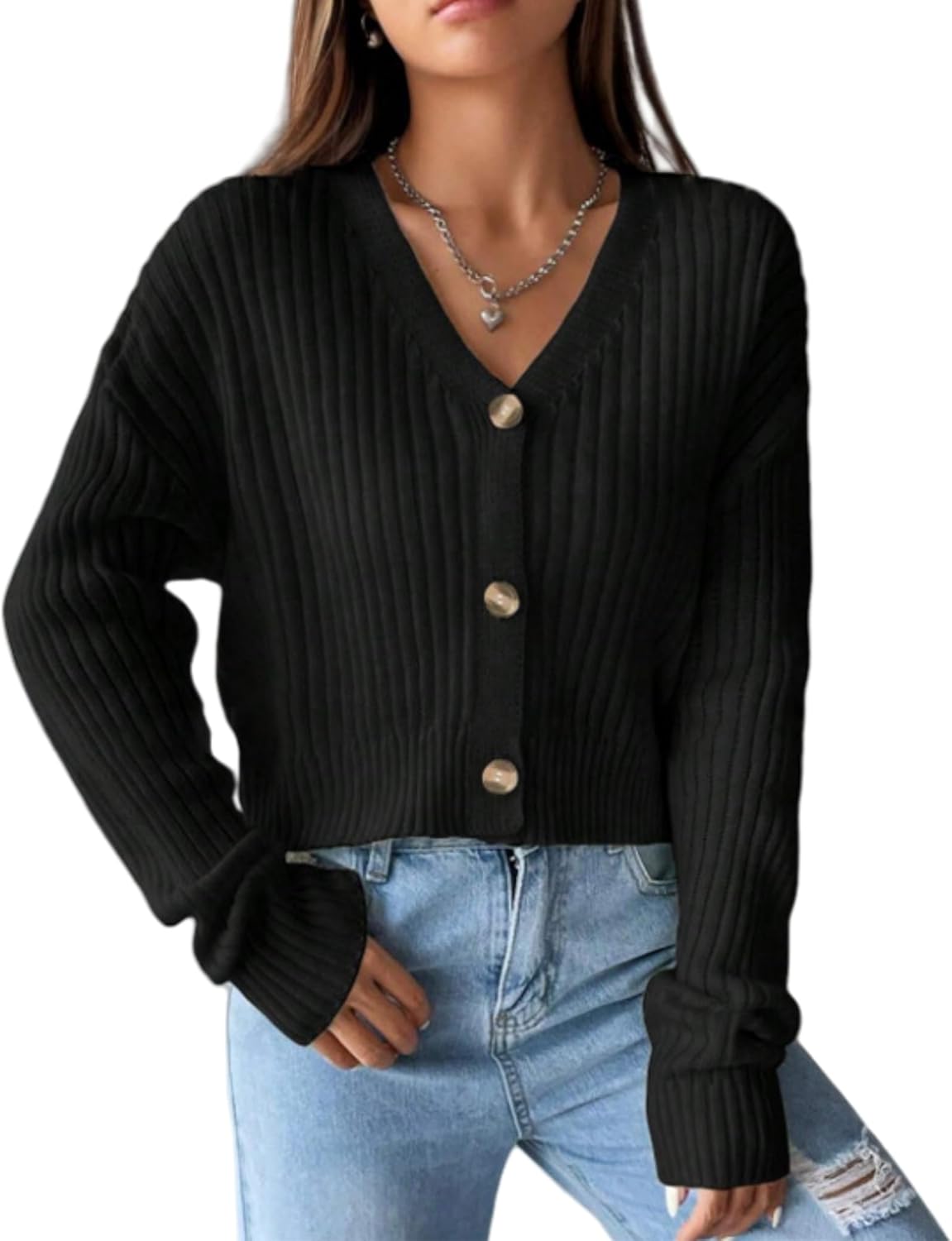 Women's V-Neck Ribbed Cardigan, Long Sleeve Button Down Cropped Knit Front Drop Sweater