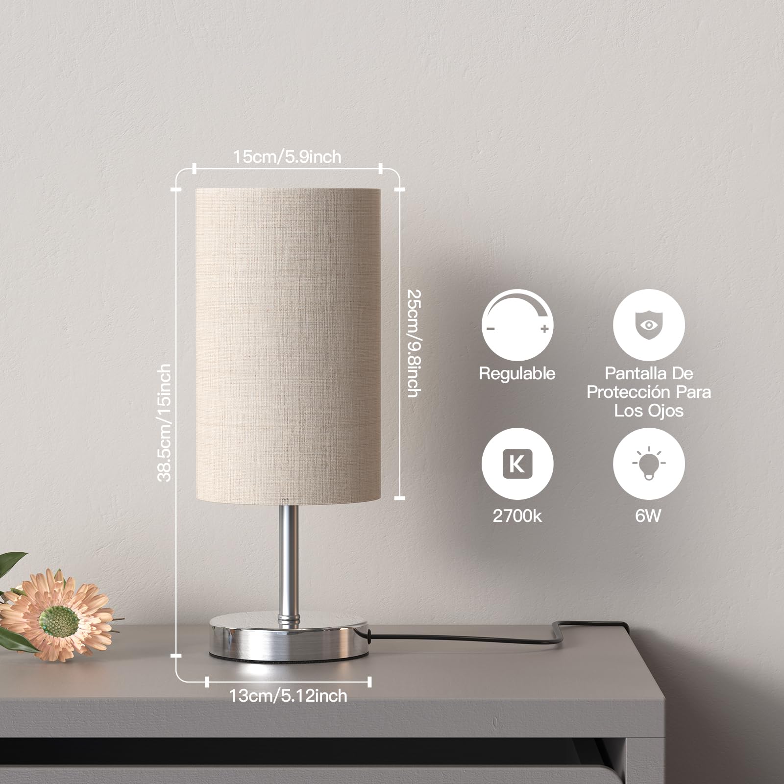 Tomshine Lámpara de Mesita de Noche Táctil Regulable, Lámpara de Mesa Tela Beige E27 con Bombilla LED 6W, 3 Niveles de Brillo Luz Nocturna Moderna para Dormitorio Salón, Pantalla Cilíndrica, 2700K