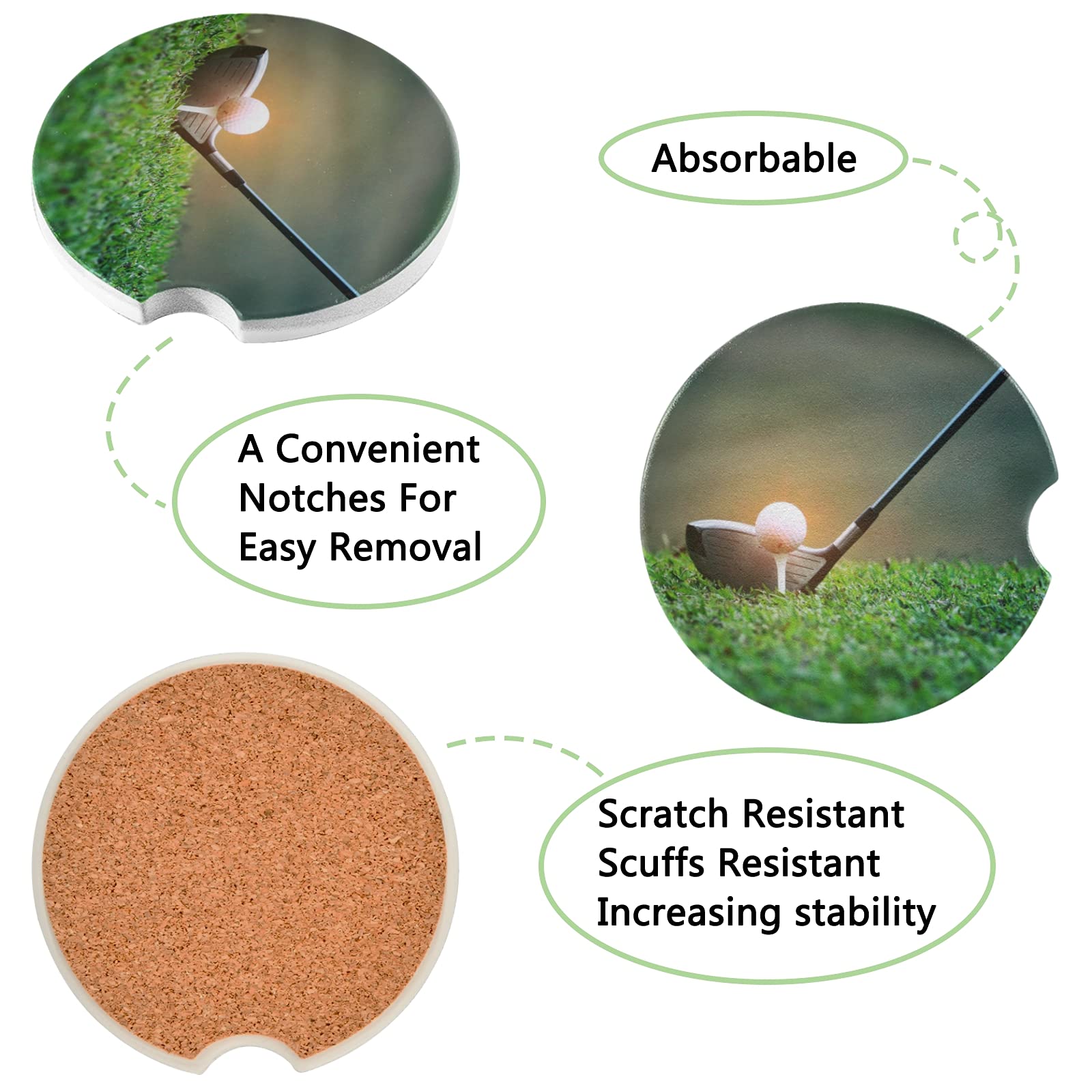 Car Coaster 2 Pack Art Painting Golf Ball Car Coaster for Drinks Absorbent Ceramic Cup Holder Coaster for Men Women Removal Cute Car Accessories 2.56in