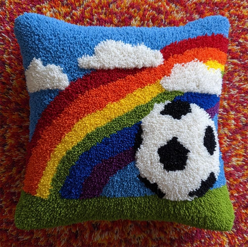 kitphoenix Pillow Latch Hook Kit Soccer Pattern Rug Canvas Knit Cushion Embroidery 17"X17" (43X43 Cm) Carpet Crocheting